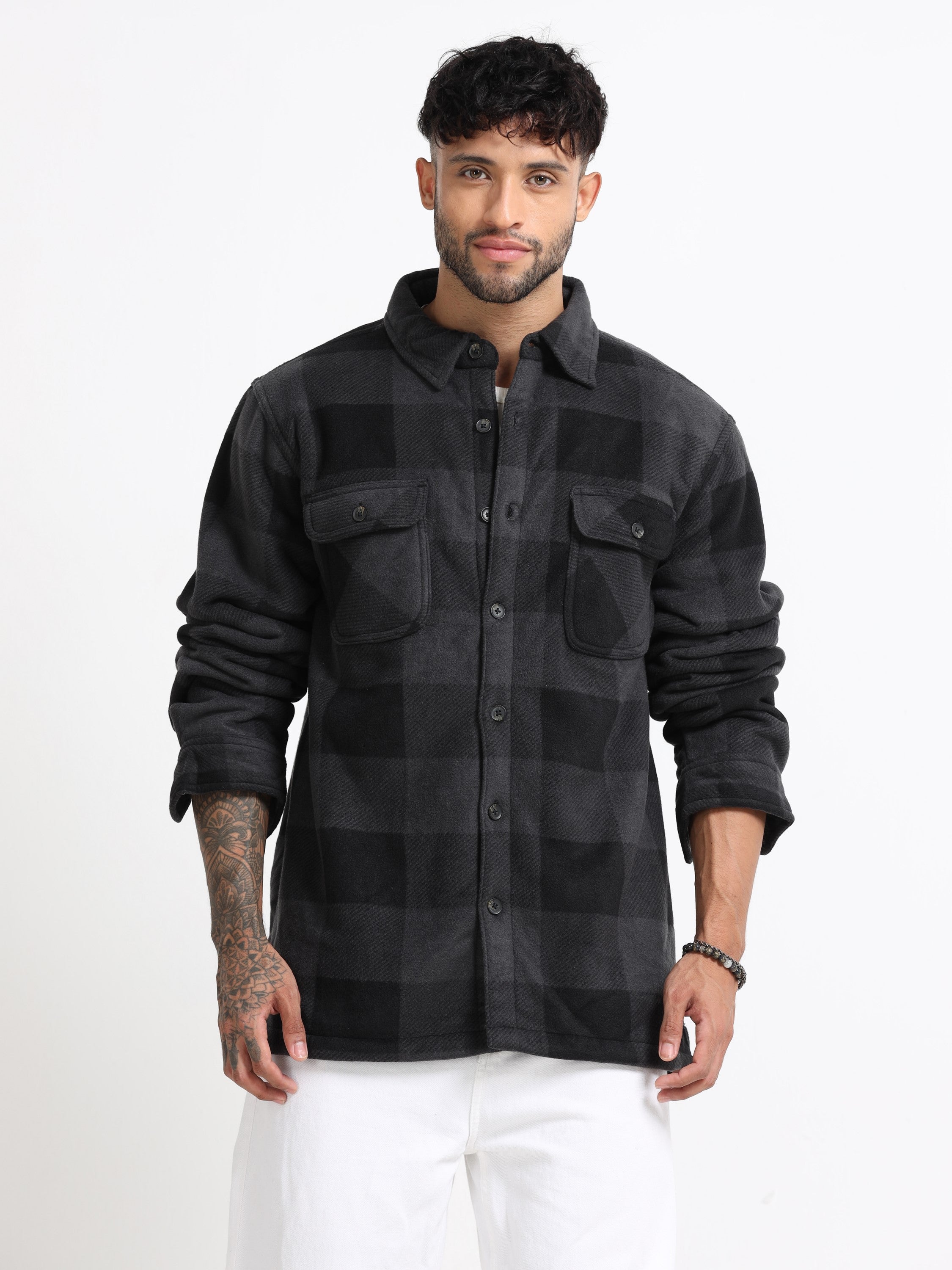 Men Black Polar Fleece Shacket