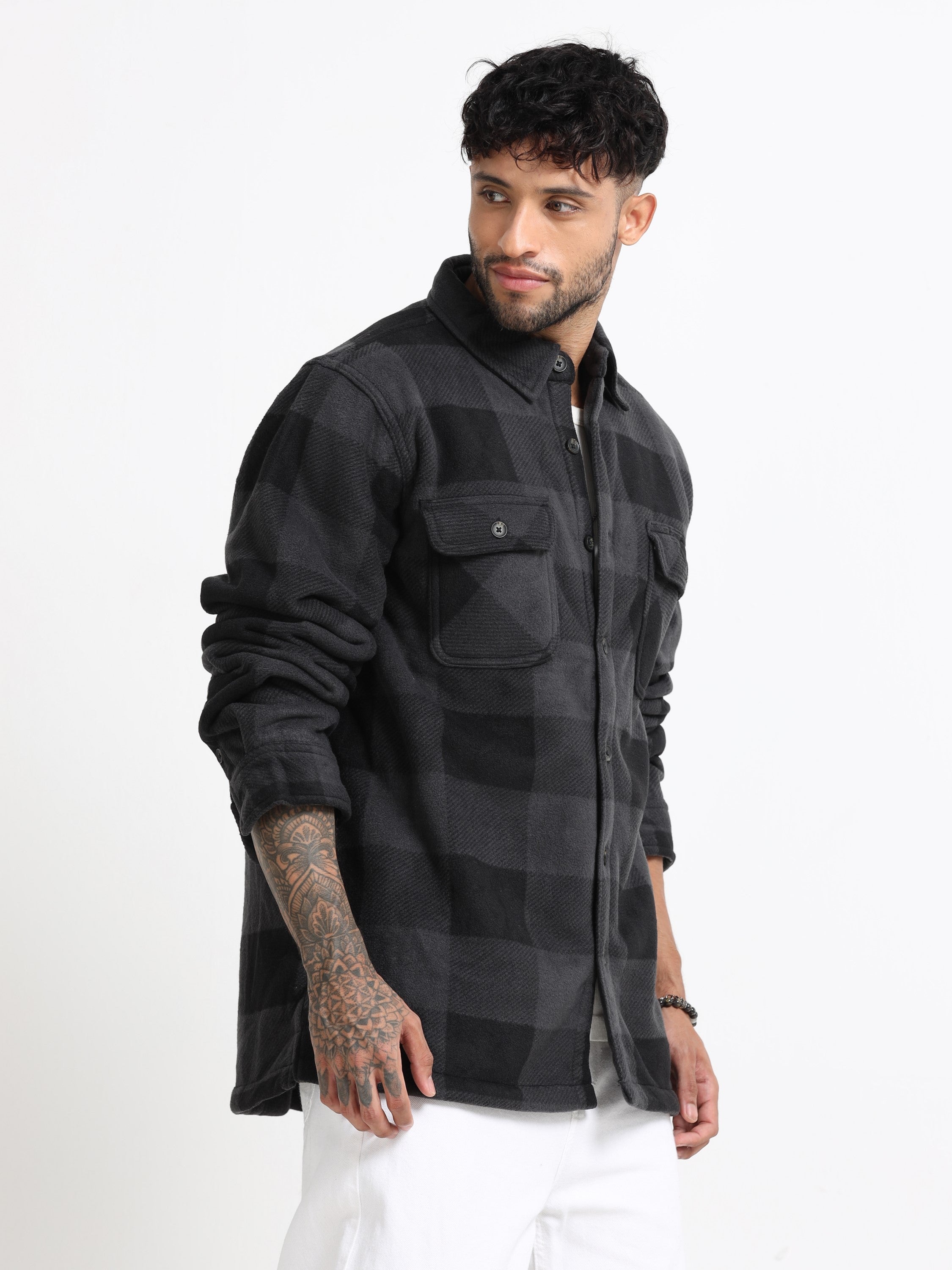 Men Black Polar Fleece Shacket