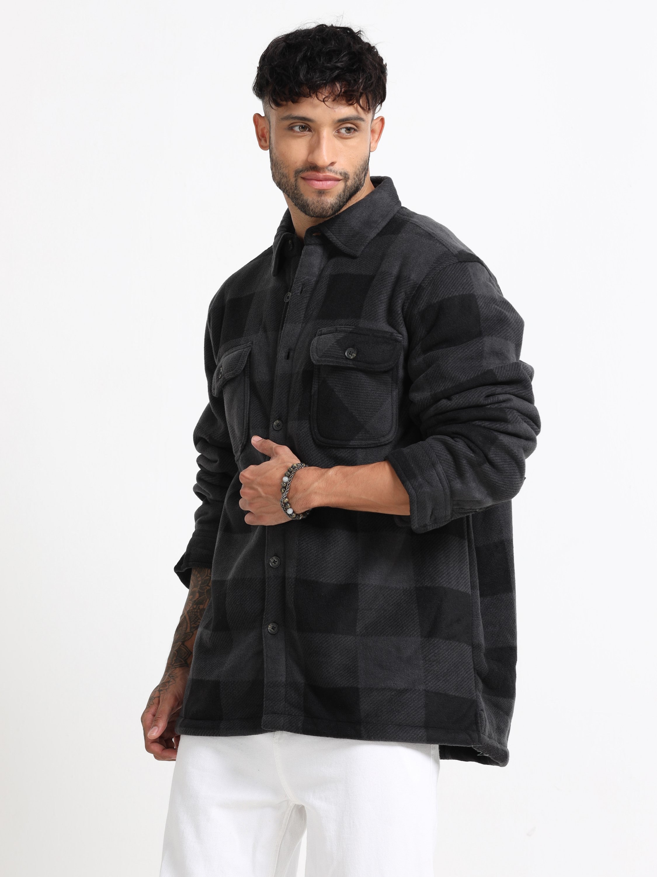 Men Black Polar Fleece Shacket