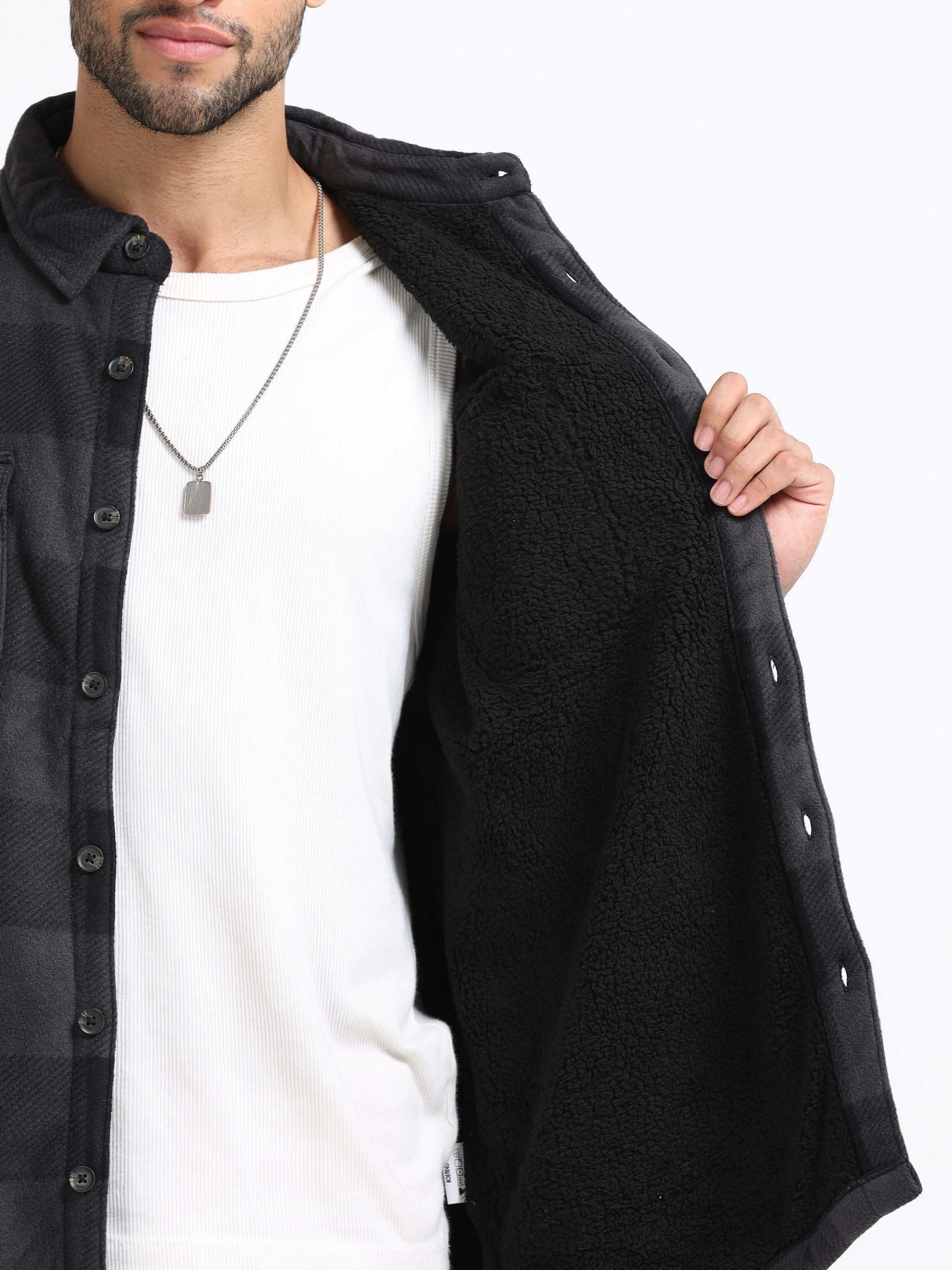 Men Black Polar Fleece Shacket