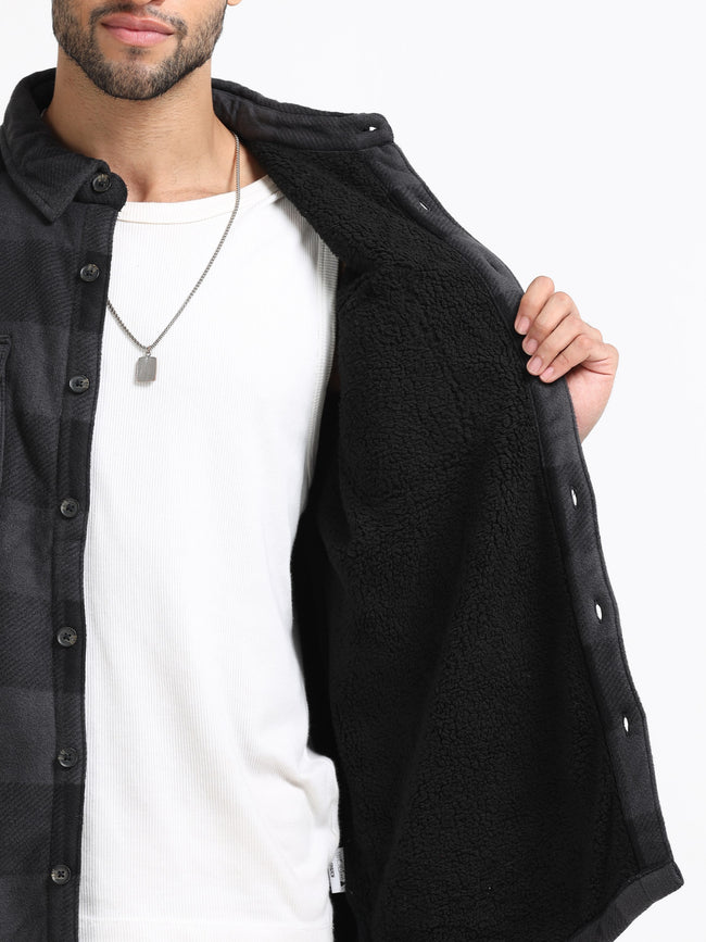 Men Black Polar Fleece Shacket