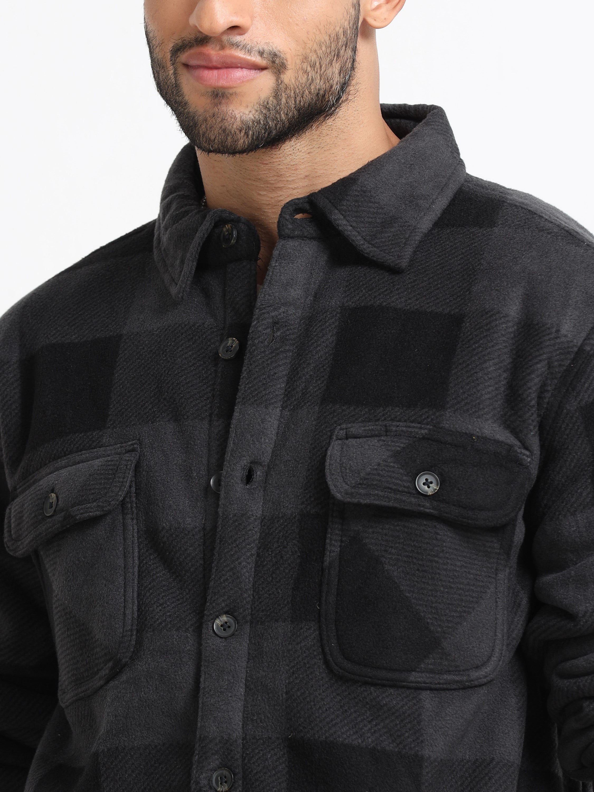 Men Black Polar Fleece Shacket