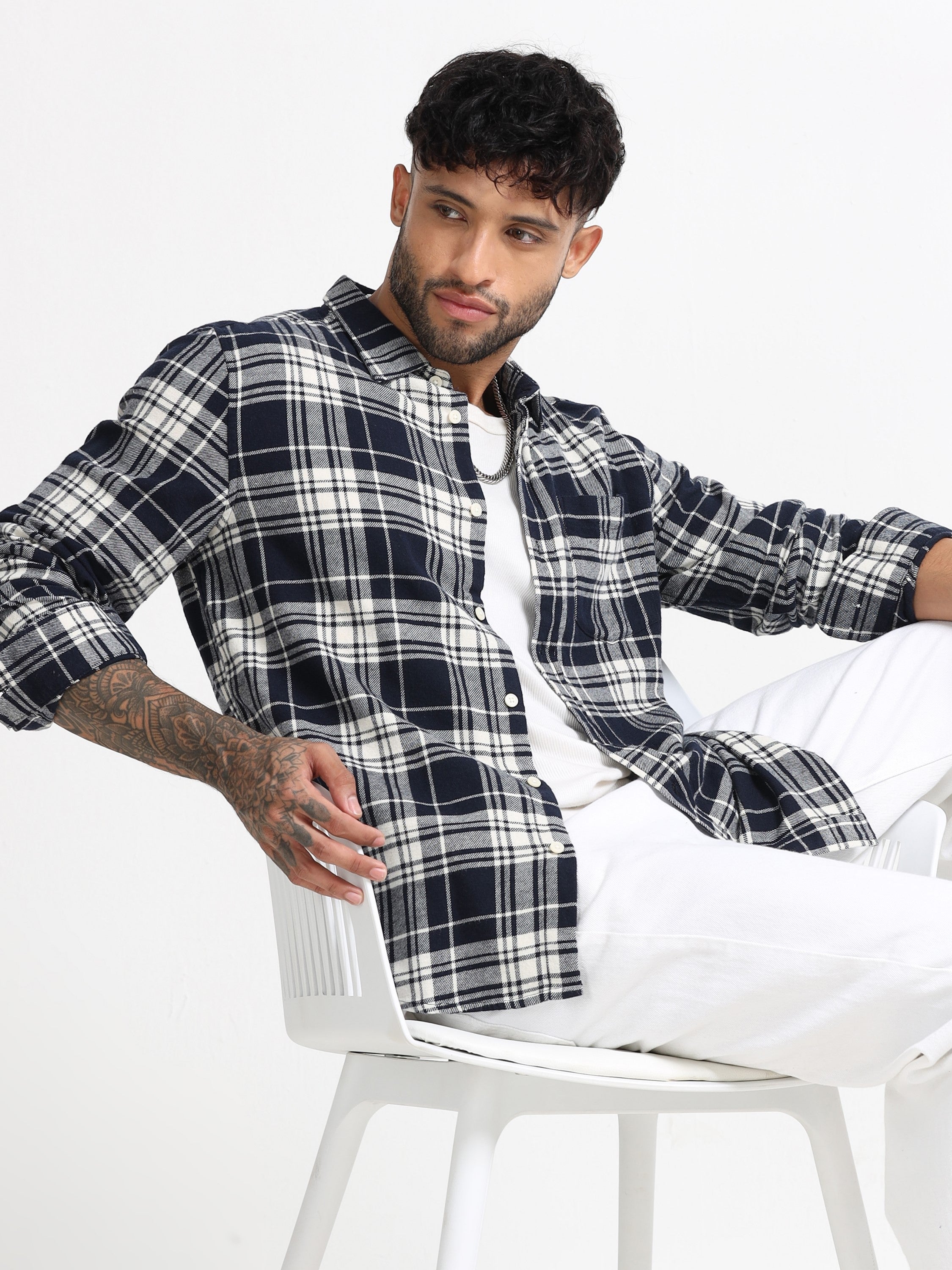 Men Navy & White Check Shirt