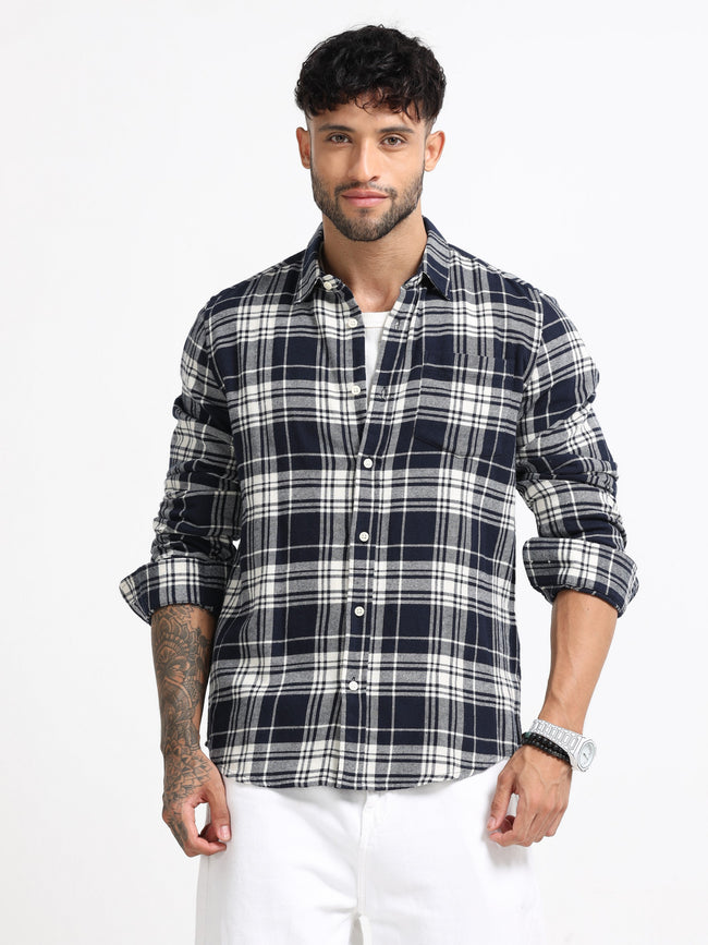 Men Navy & White Check Shirt