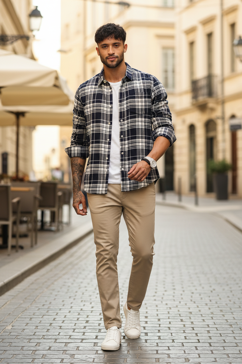 Men Navy & White Check Shirt