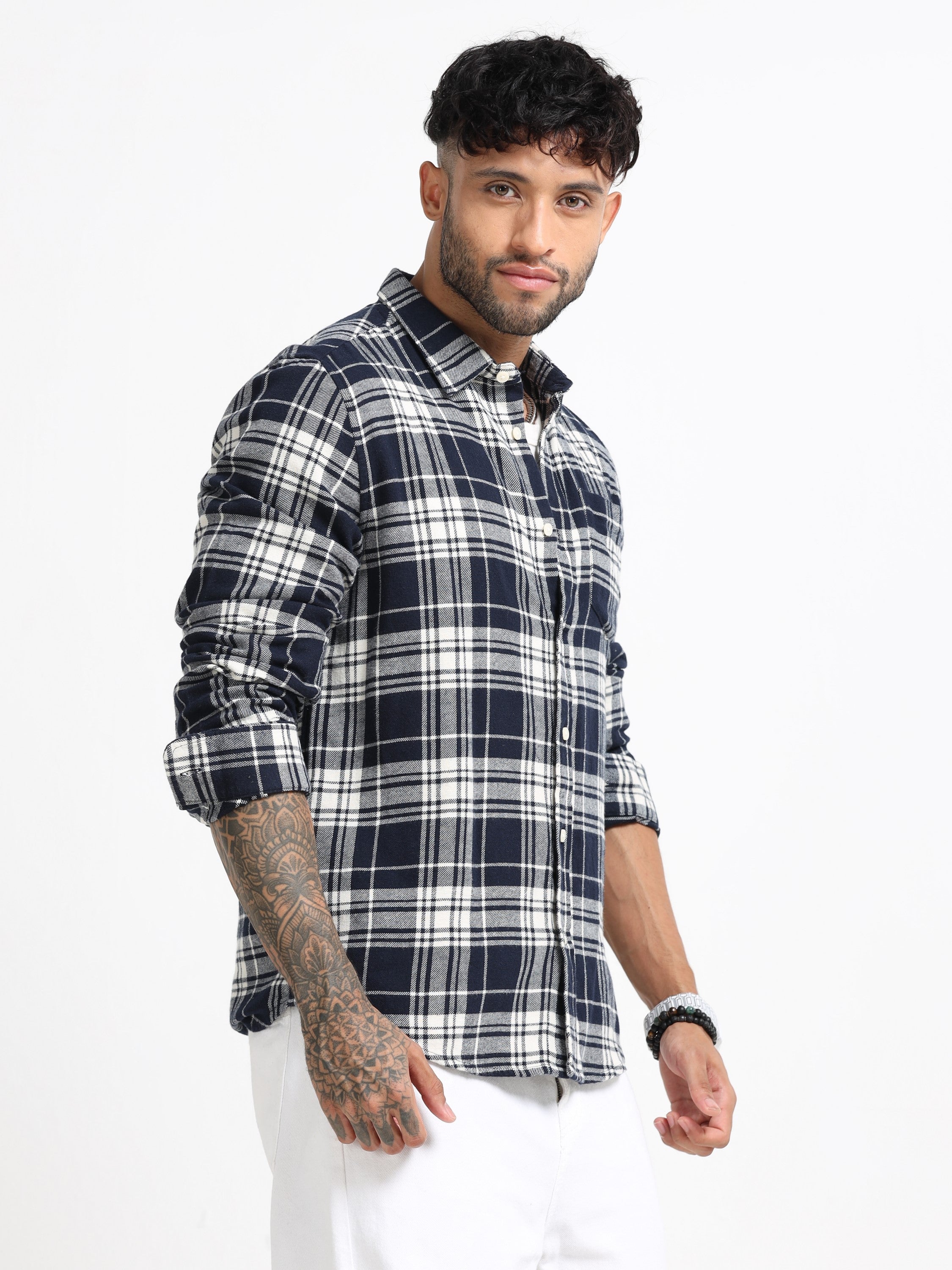 Men Navy & White Check Shirt