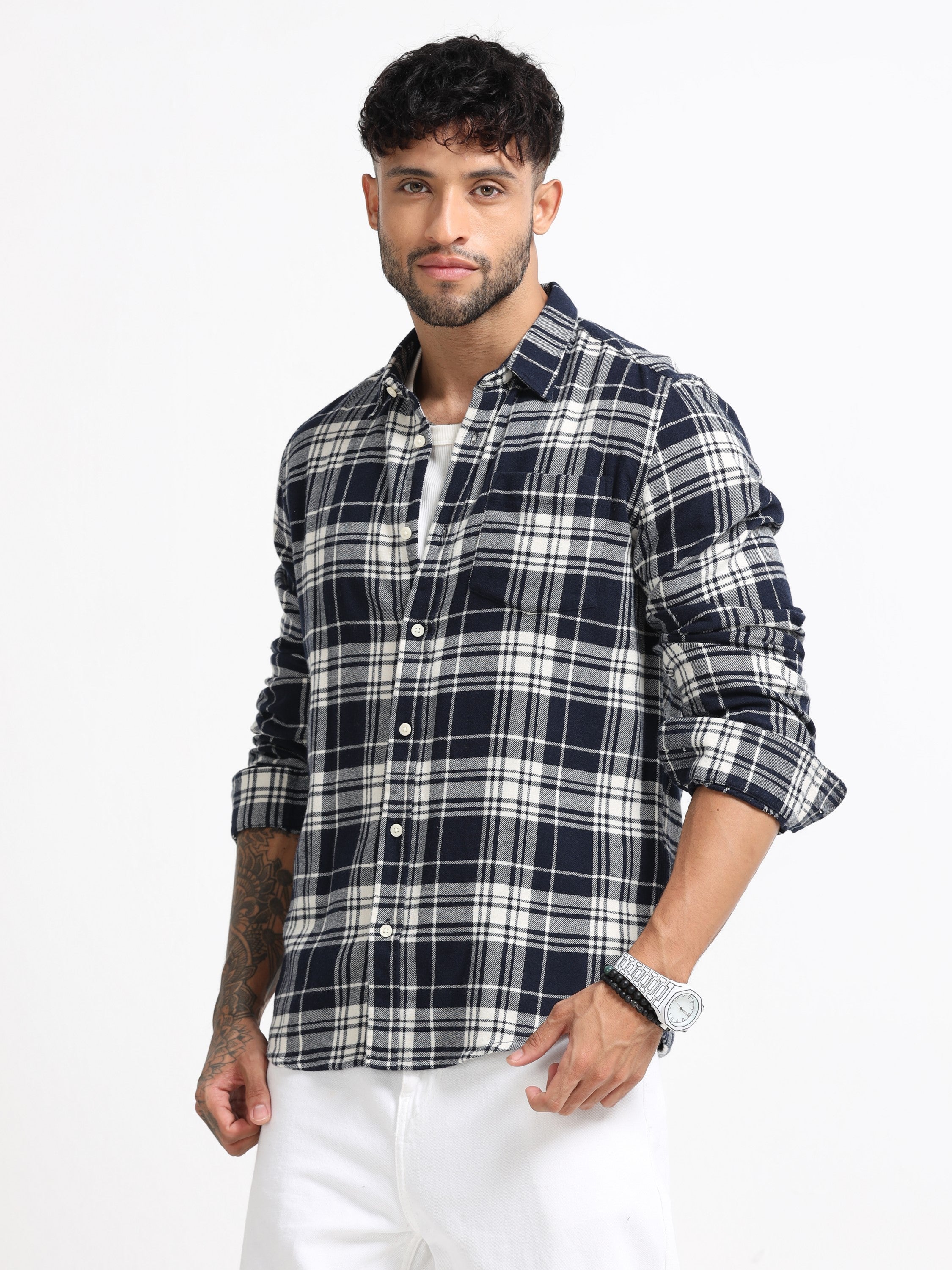Men Navy & White Check Shirt