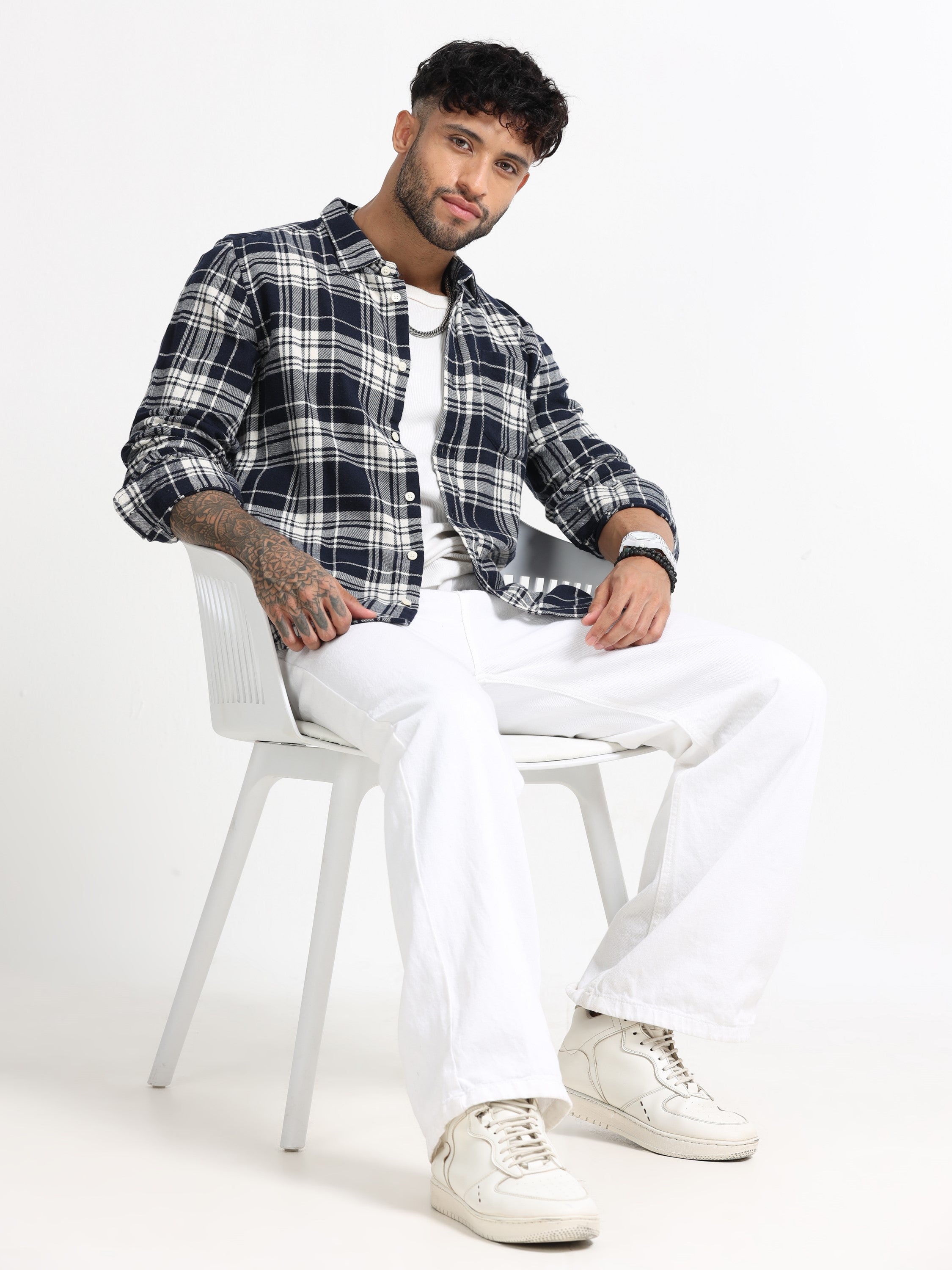 Men Navy & White Check Shirt