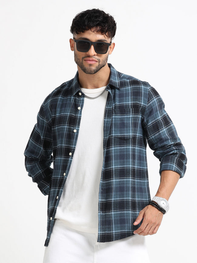 Men Navy Plaid Check Shirt