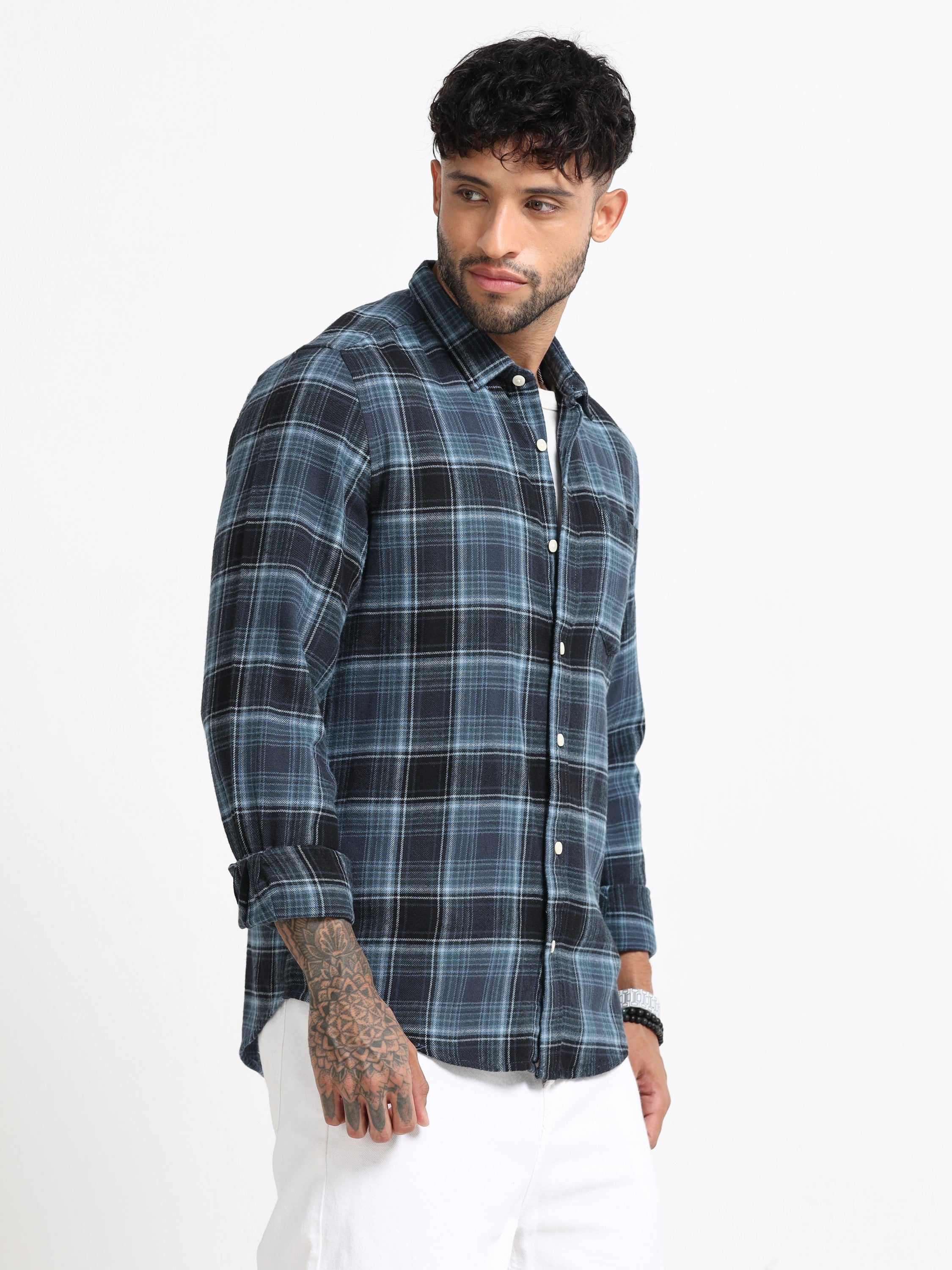 Men Navy Plaid Check Shirt