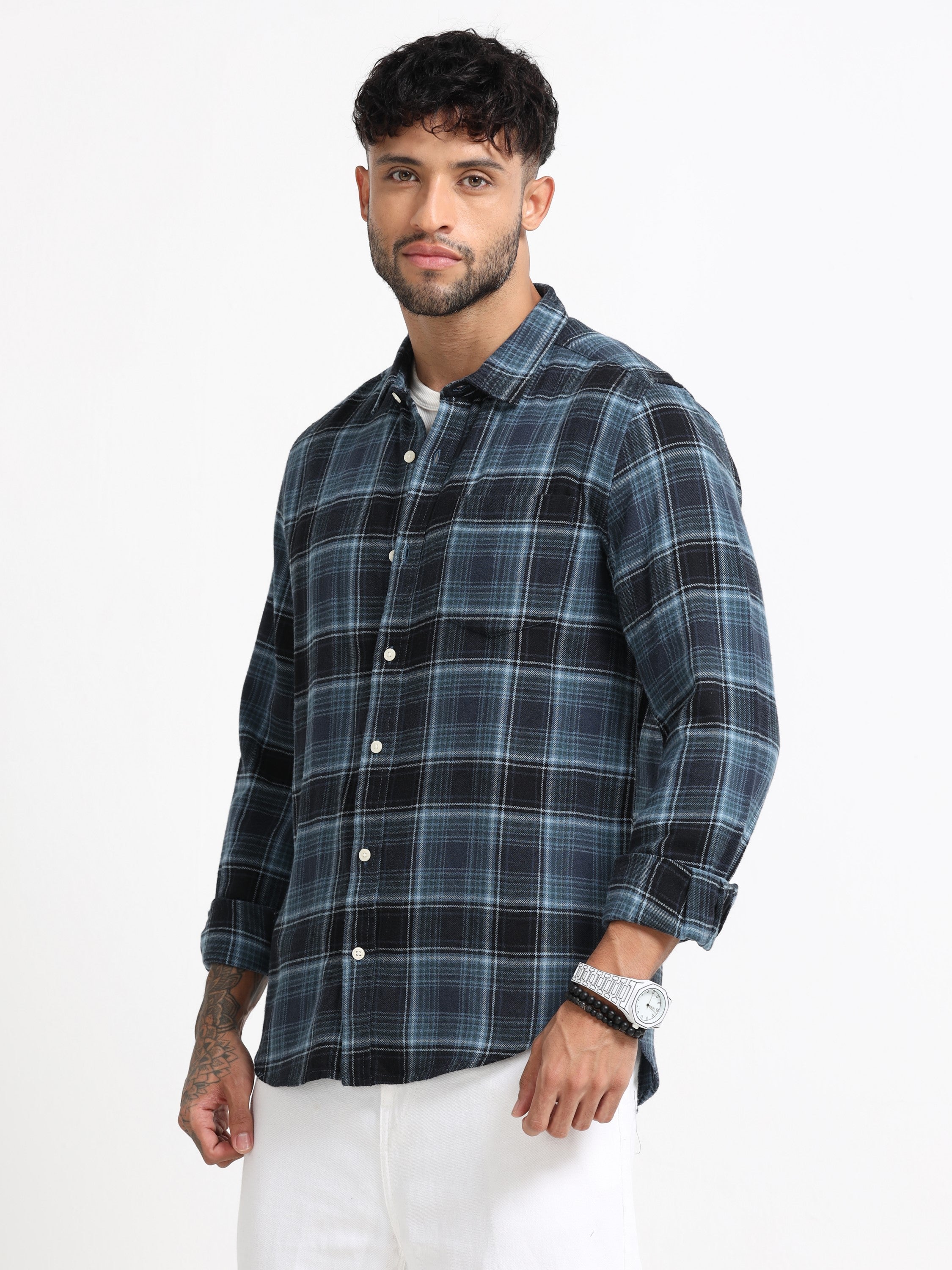 Men Navy Plaid Check Shirt