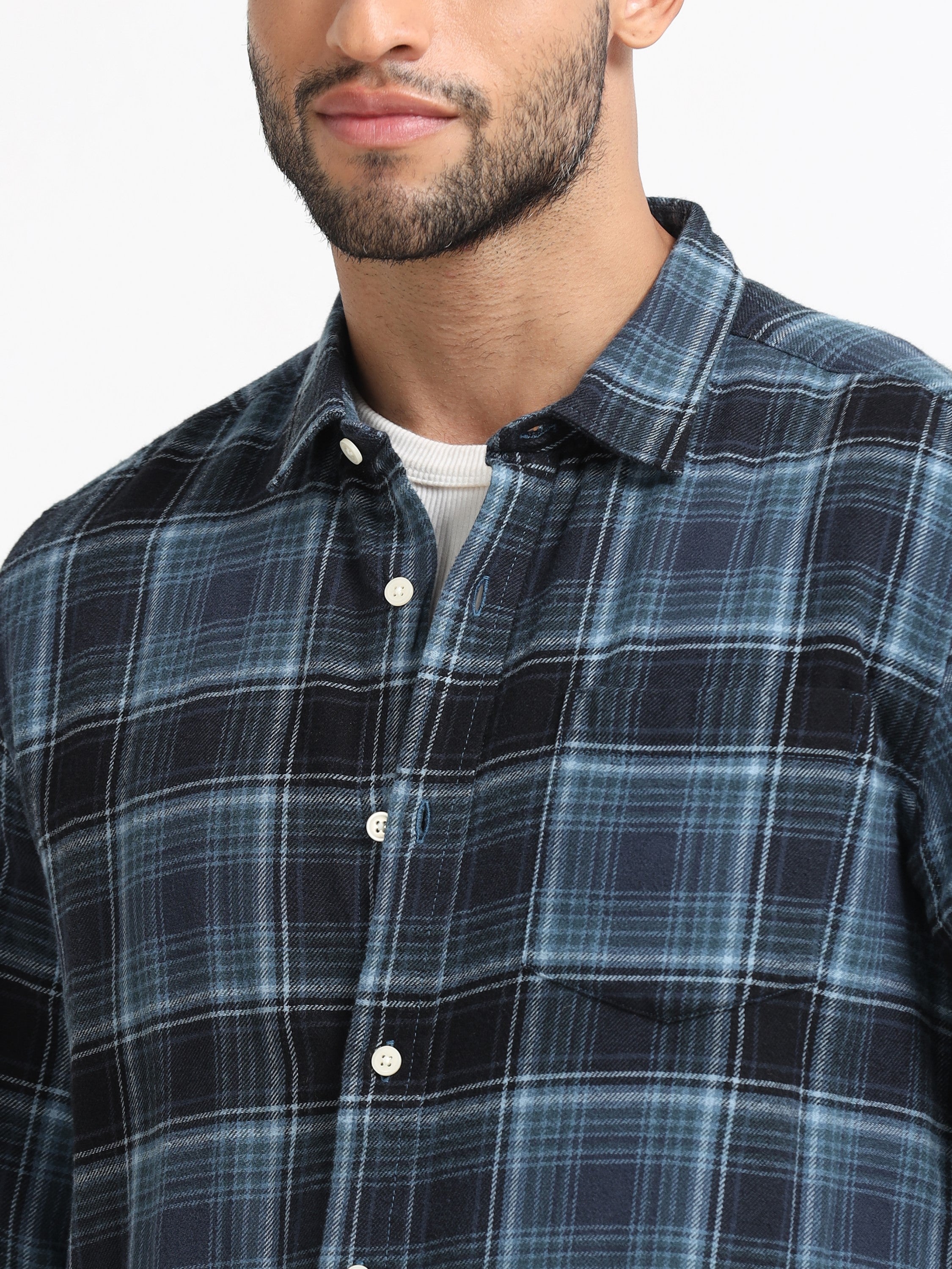Men Navy Plaid Check Shirt