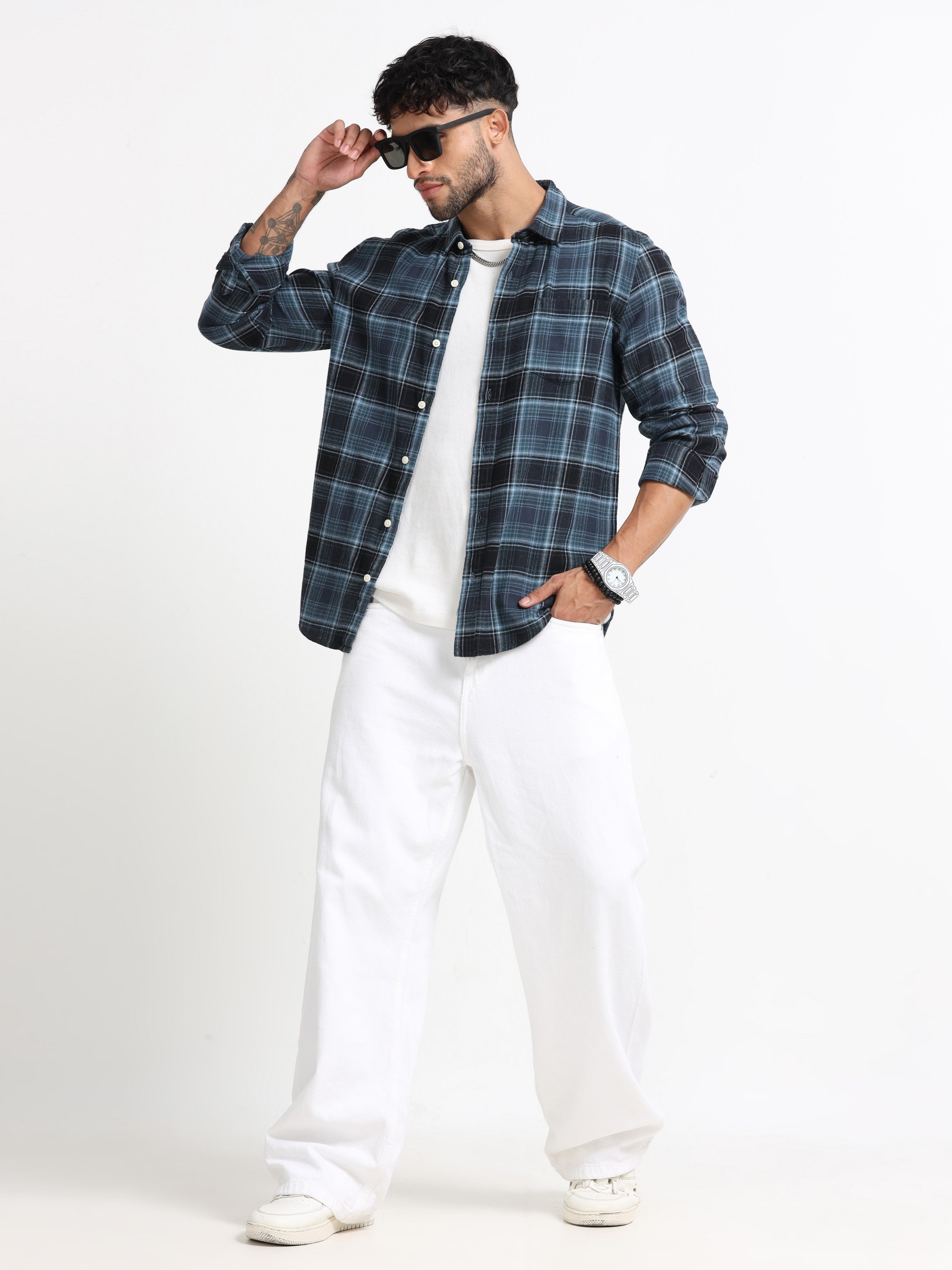 Men Navy Plaid Check Shirt