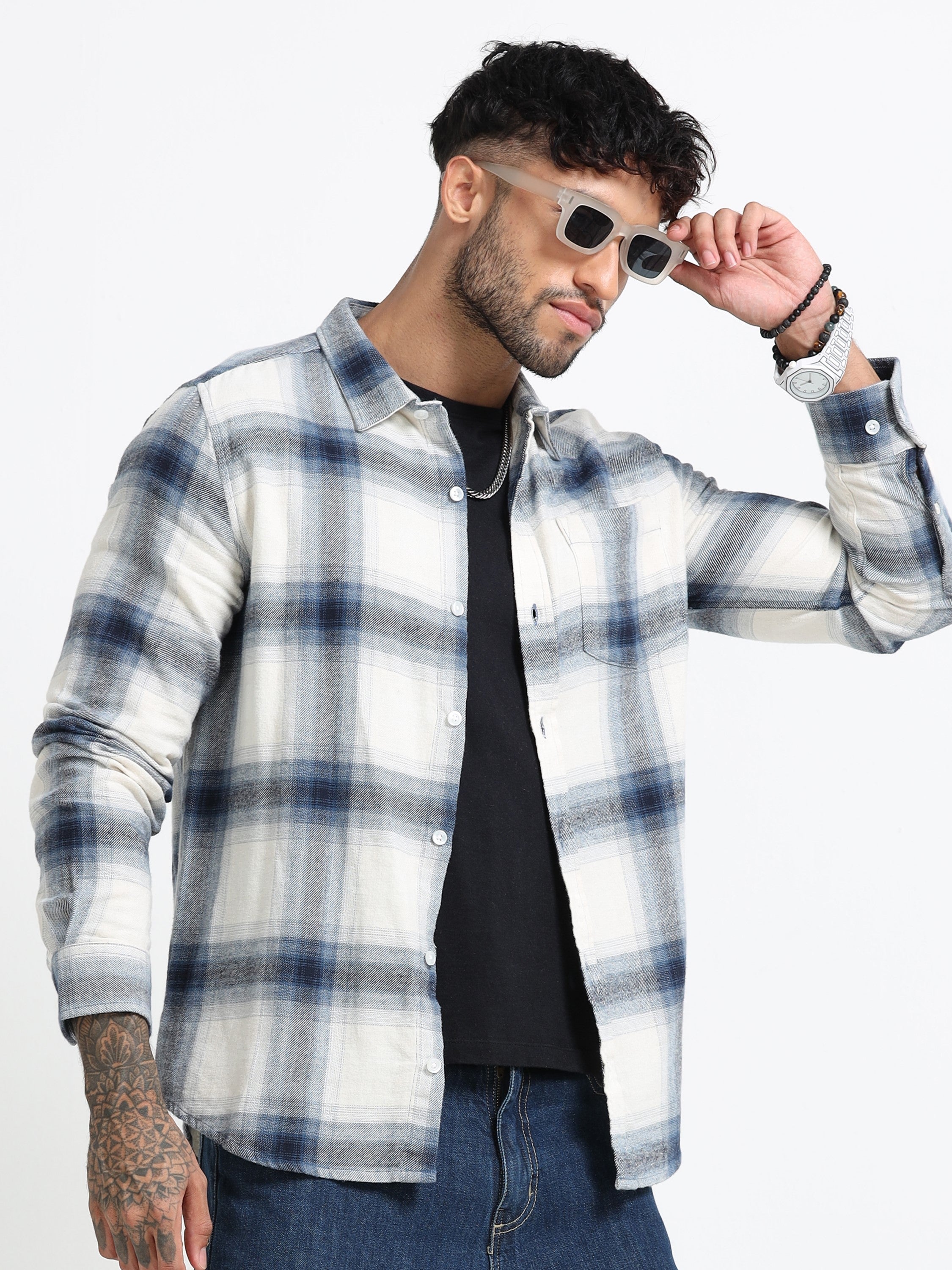 Men Blue & White Check Shirt