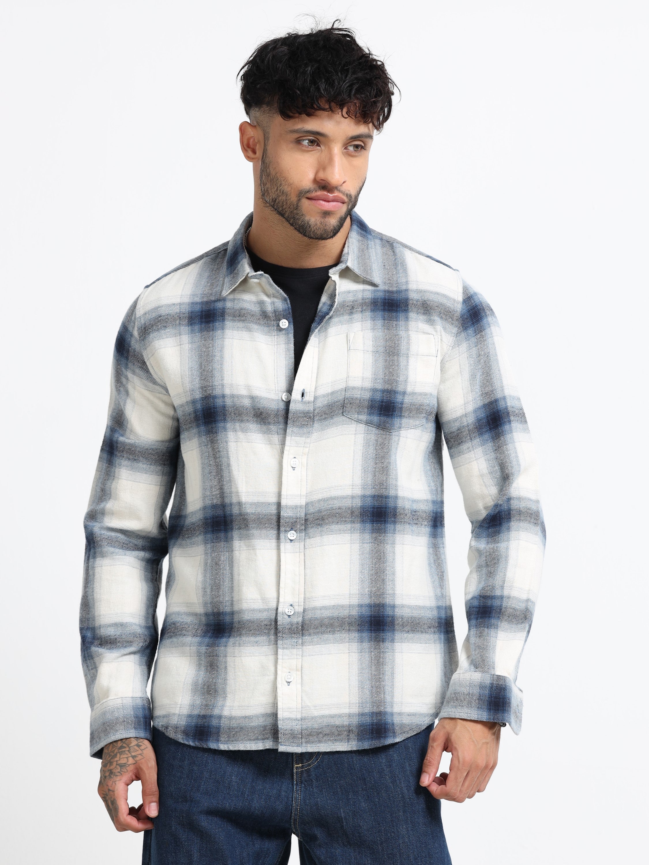 Men Blue & White Check Shirt