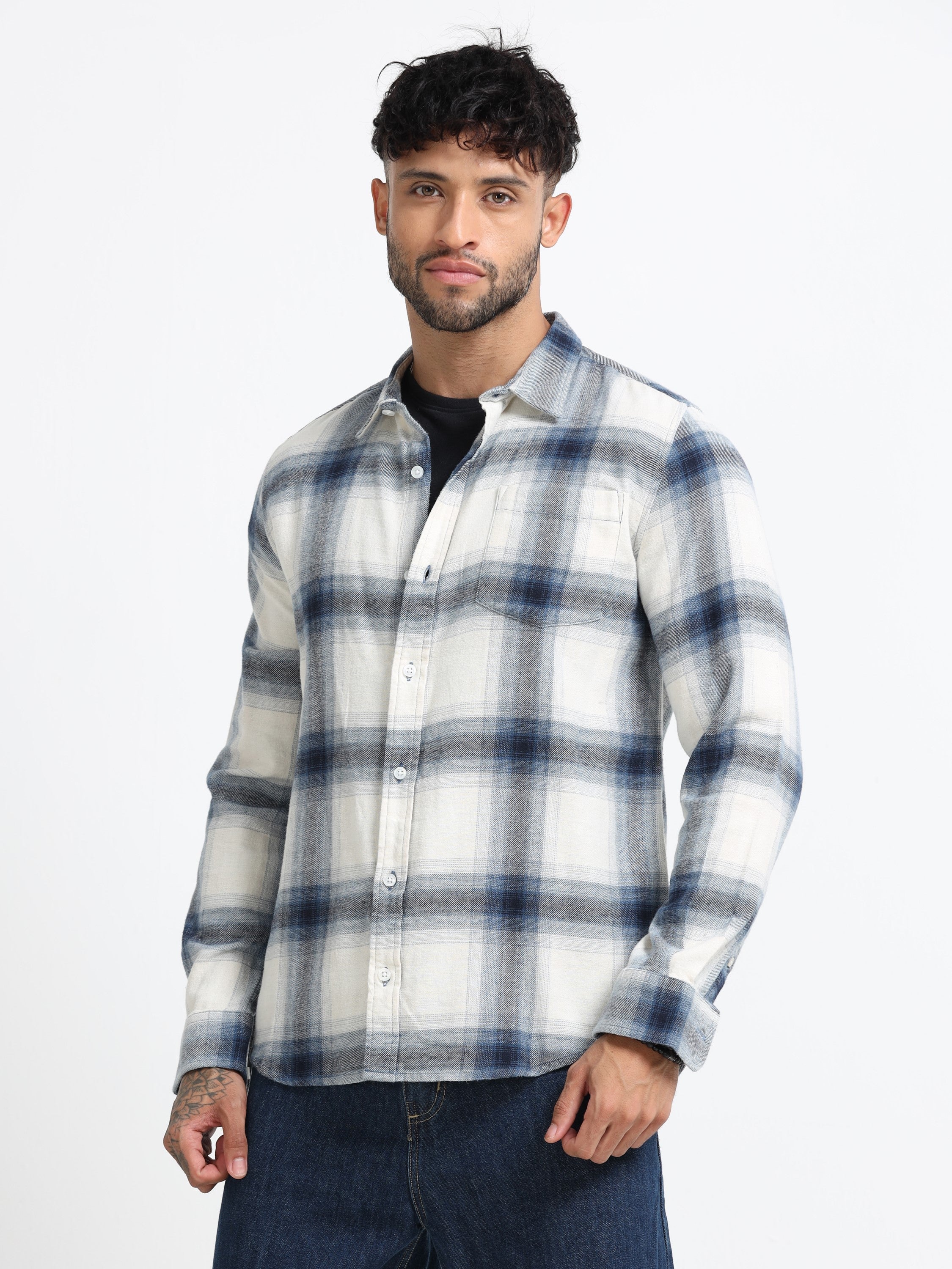Men Blue & White Check Shirt