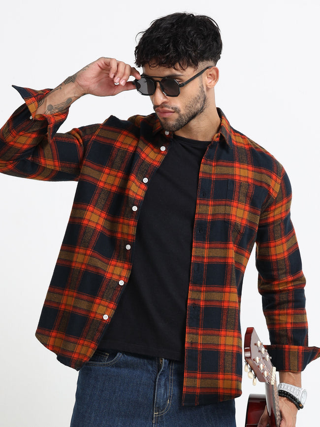 Men Orange Multi Check Shirt