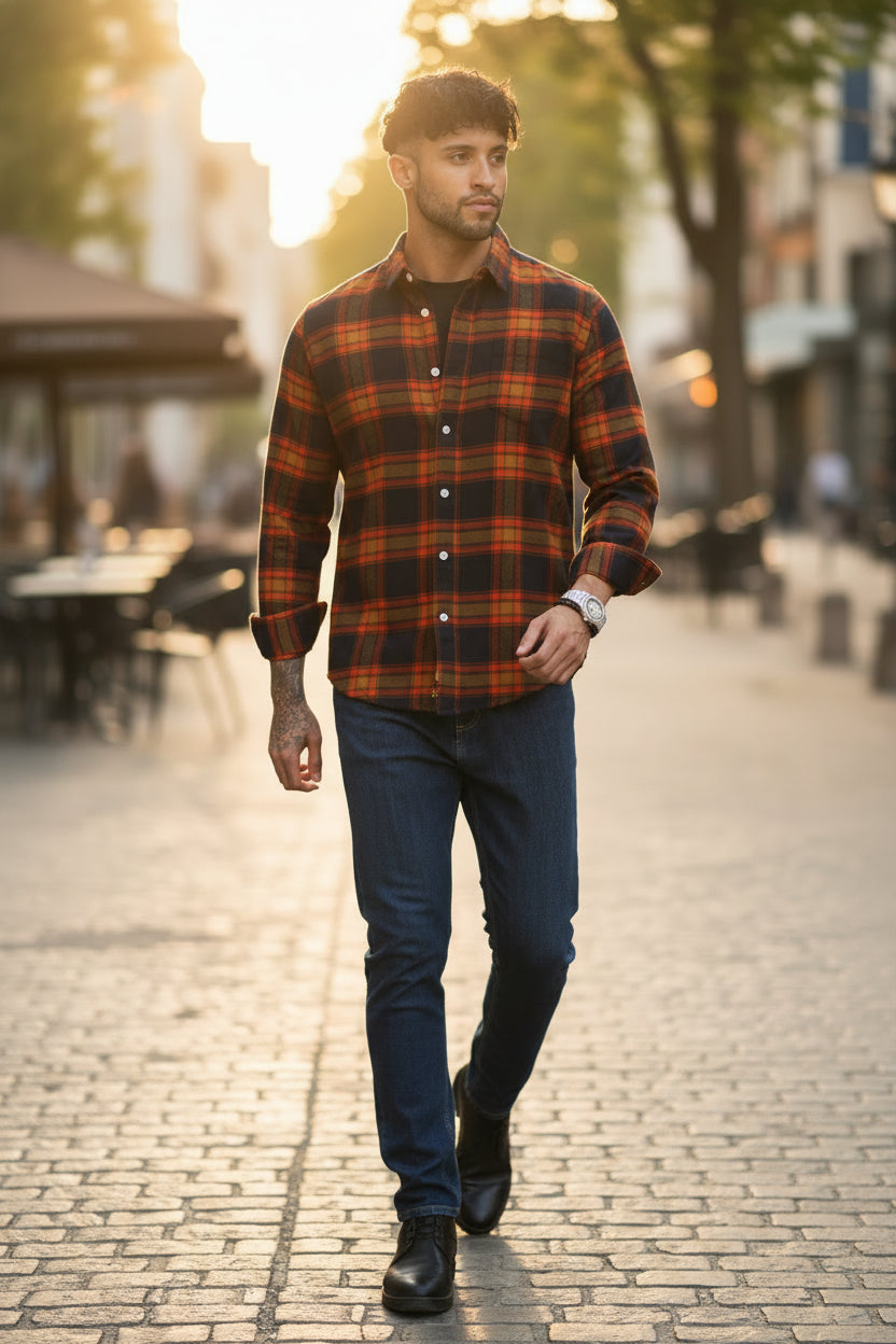 Men Orange Multi Check Shirt