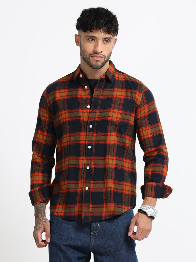 Men Orange Multi Check Shirt