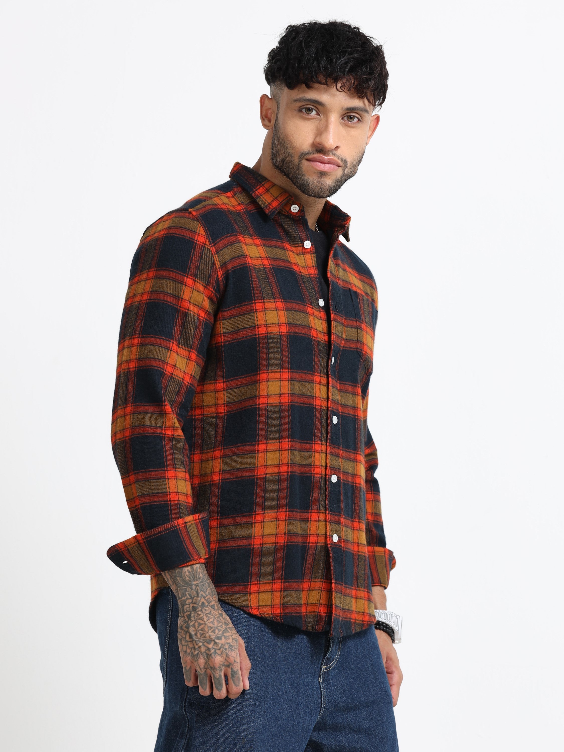 Men Orange Multi Check Shirt