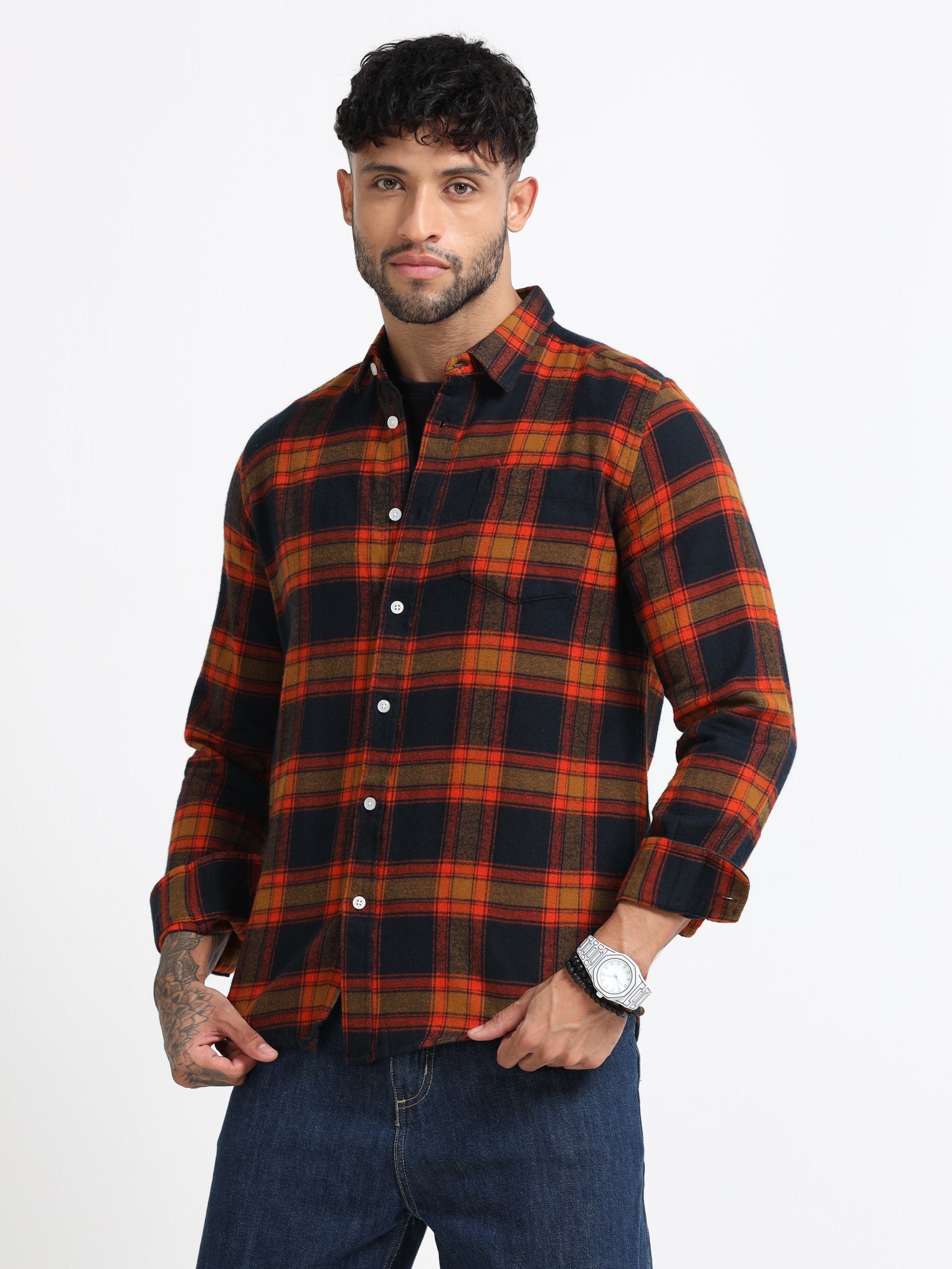 Men Orange Multi Check Shirt