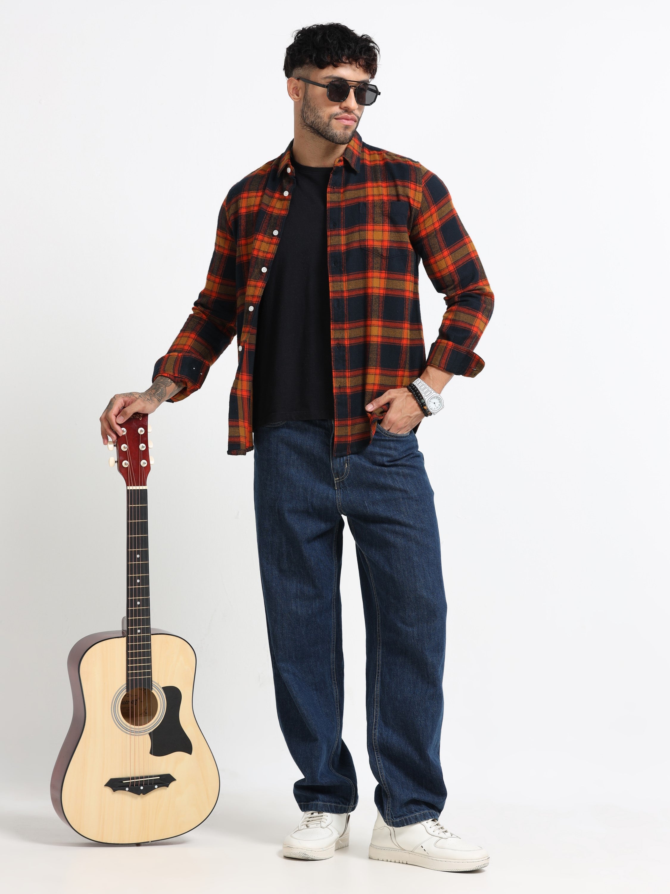 Men Orange Multi Check Shirt
