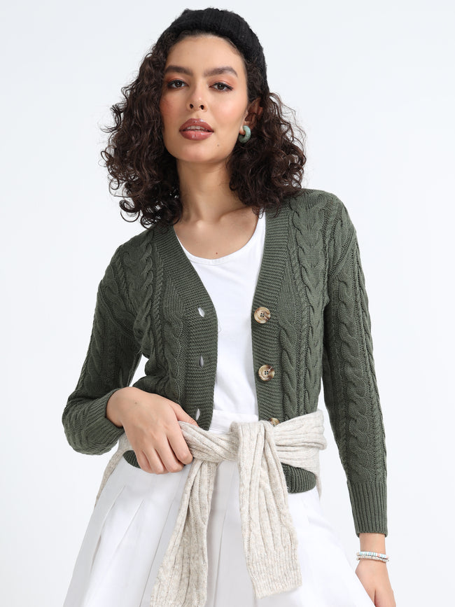 Women Olive Knitted Cardigan