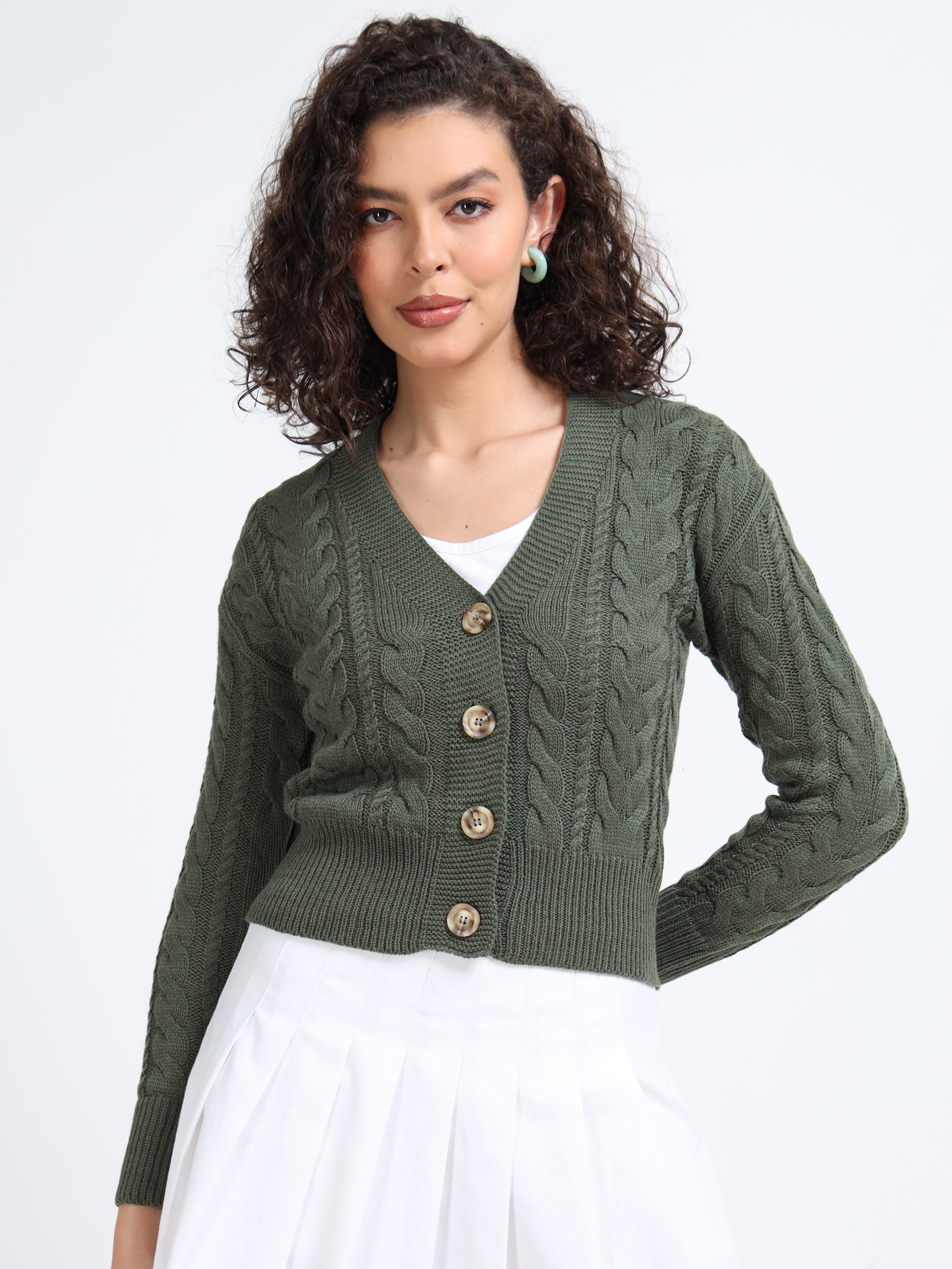 Women Olive Knitted Cardigan