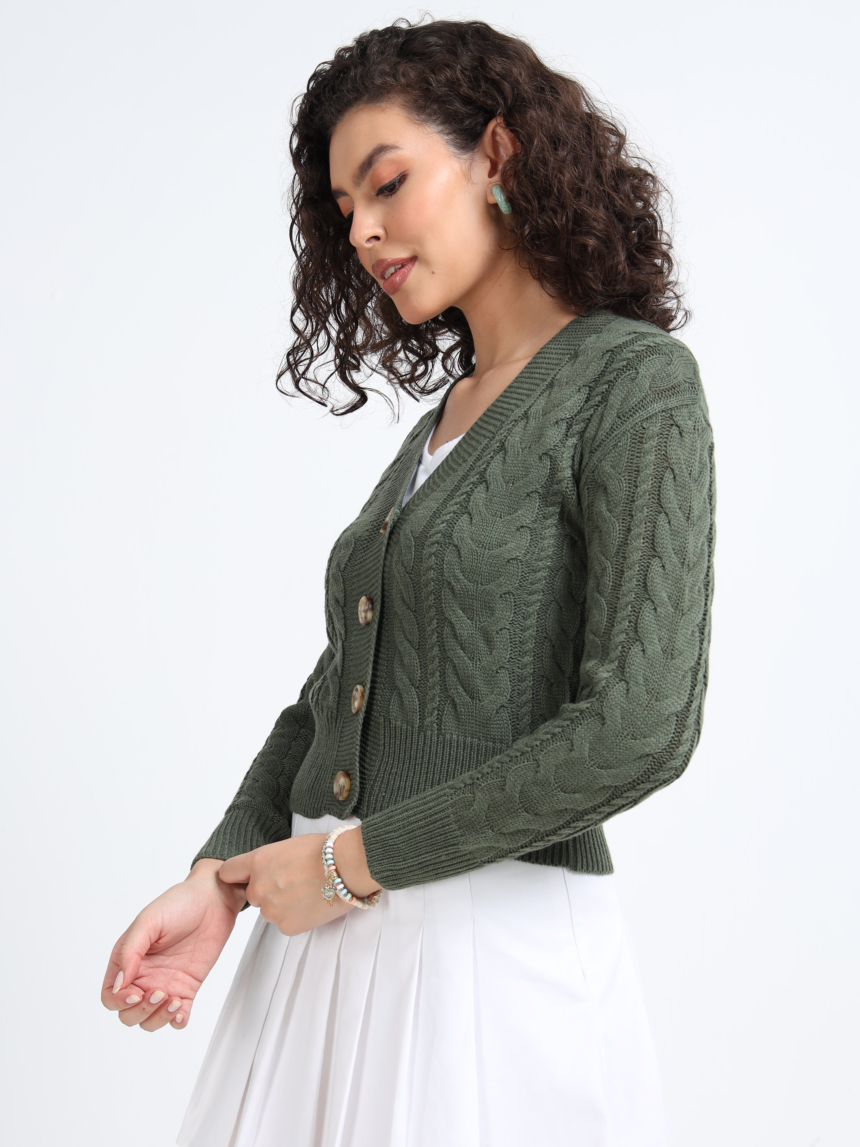 Women Olive Knitted Cardigan