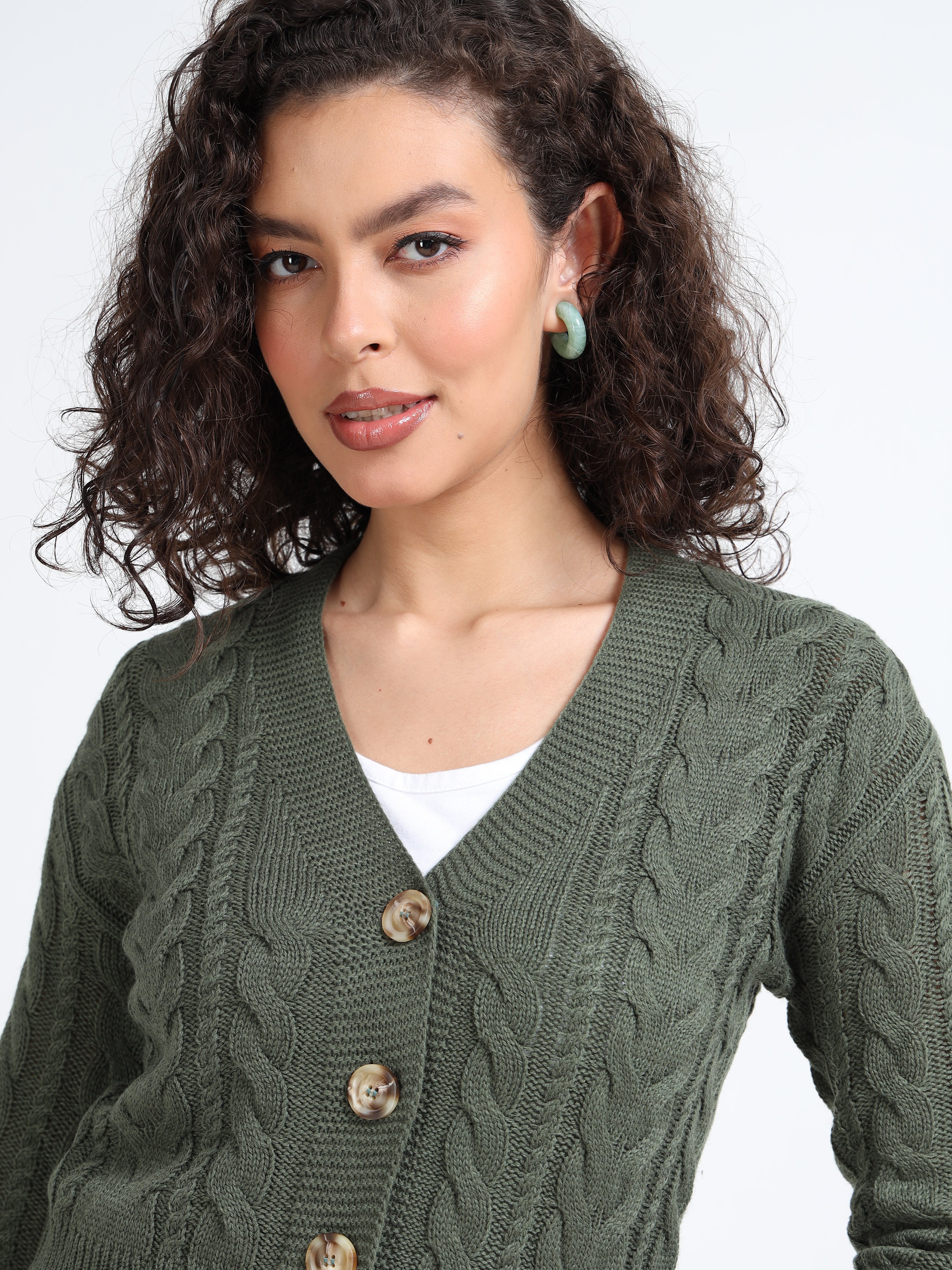 Women Olive Knitted Cardigan