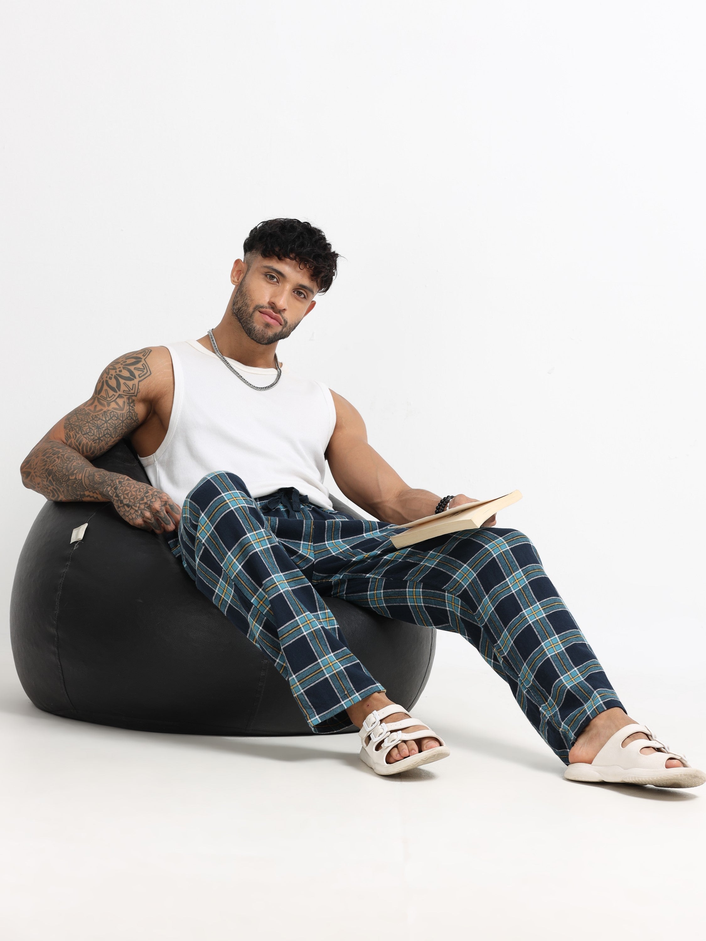 Men Blue Check Lounge Pants