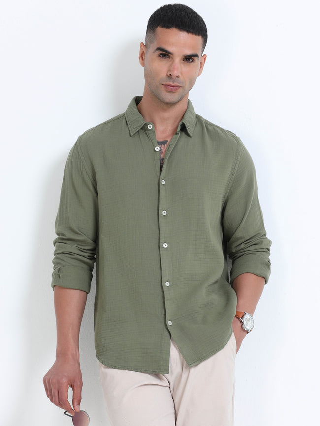Men Green Cotton Double Cloth Shirt