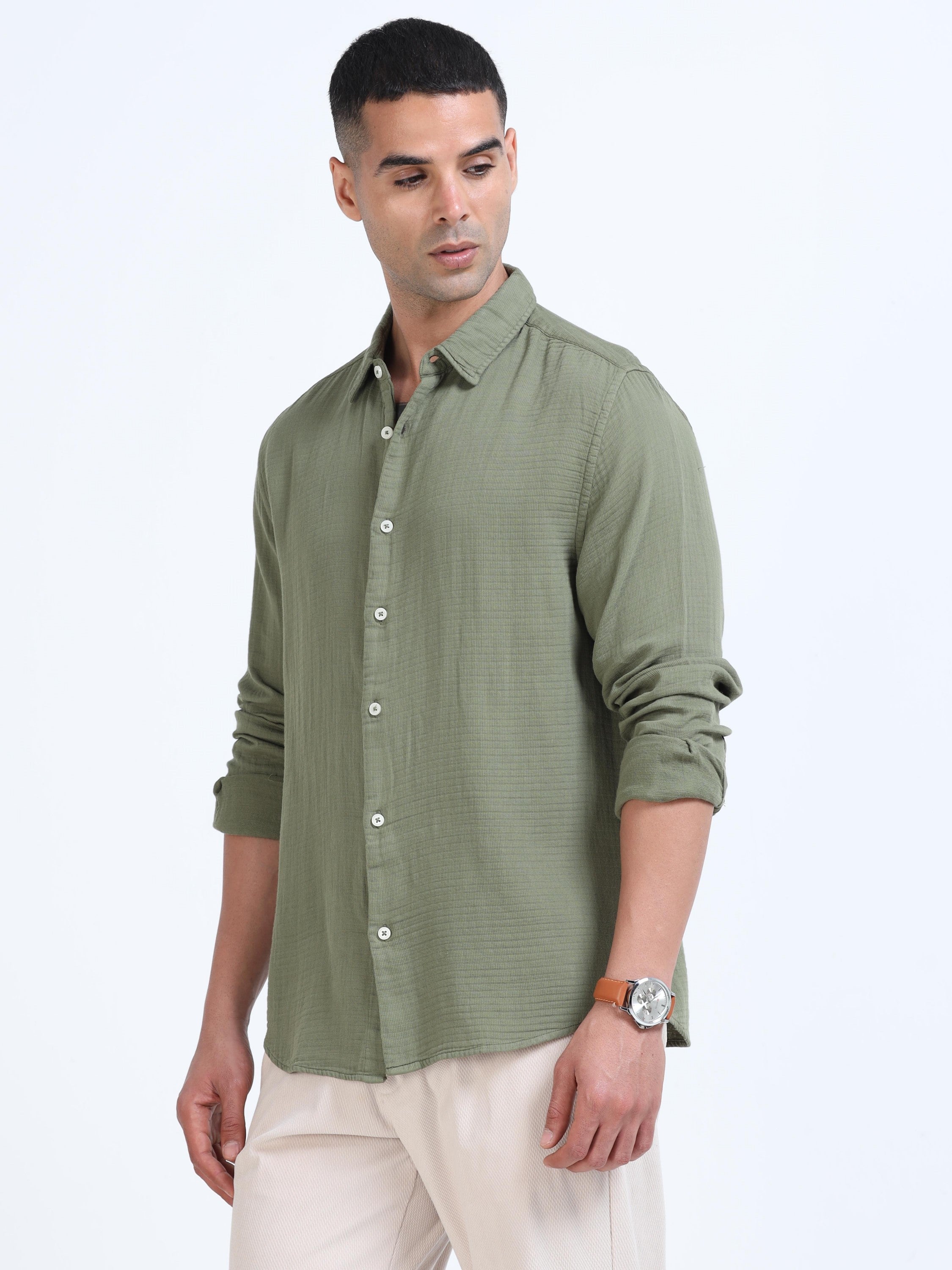 Men Green Cotton Double Cloth Shirt