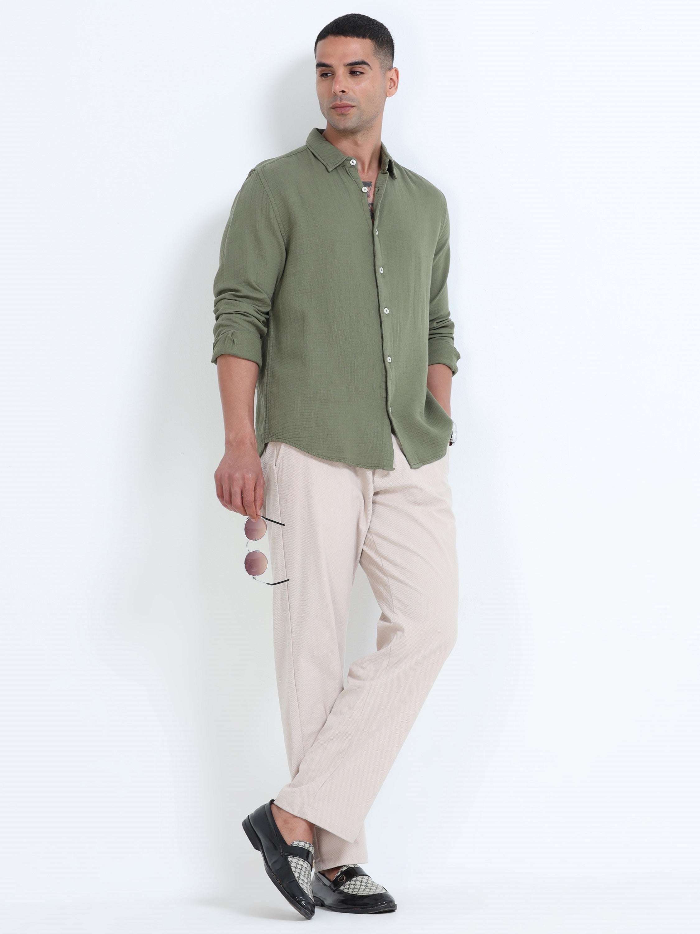 Men Green Cotton Double Cloth Shirt