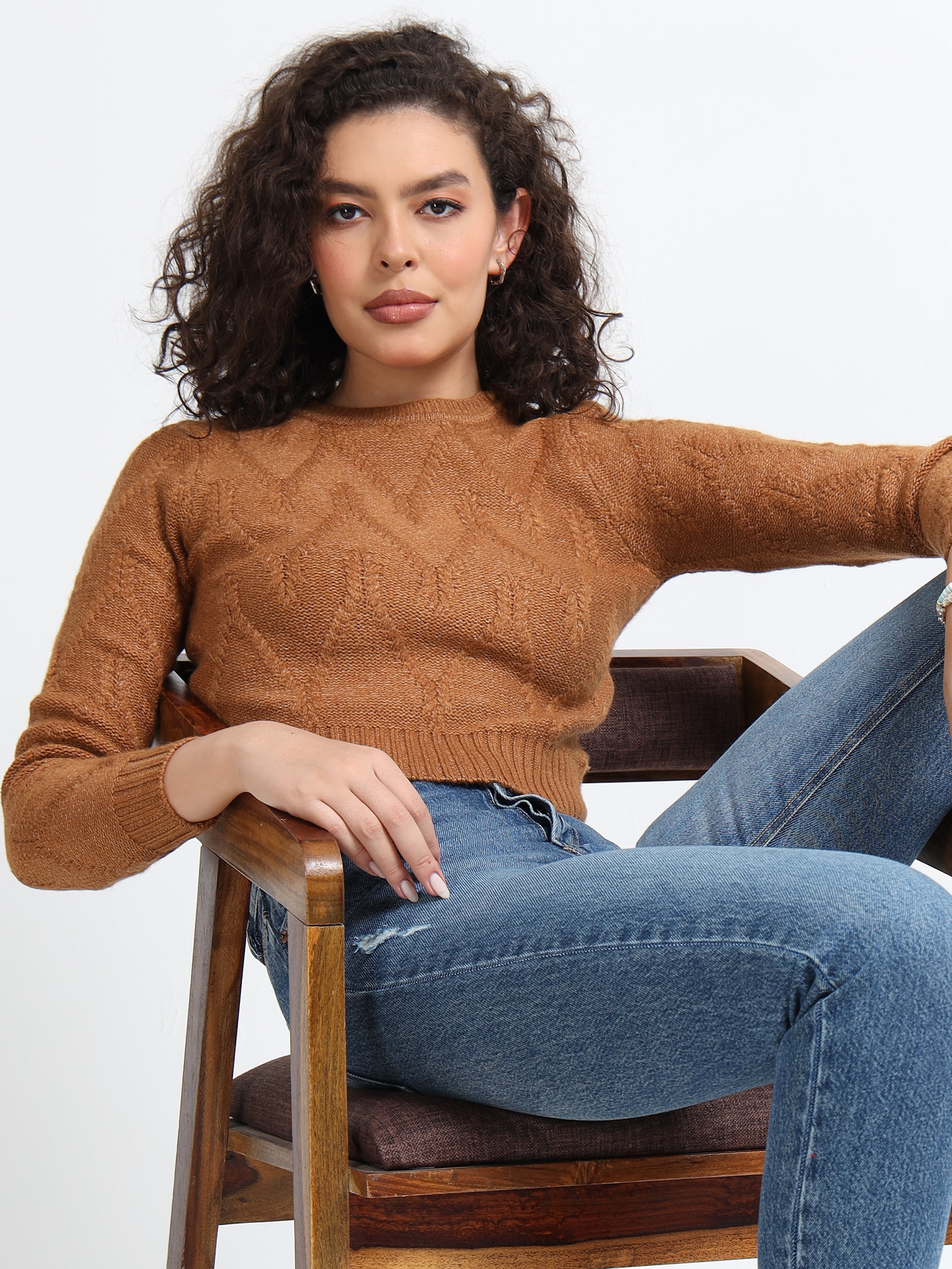 Women Brown Cable Knit Sweater