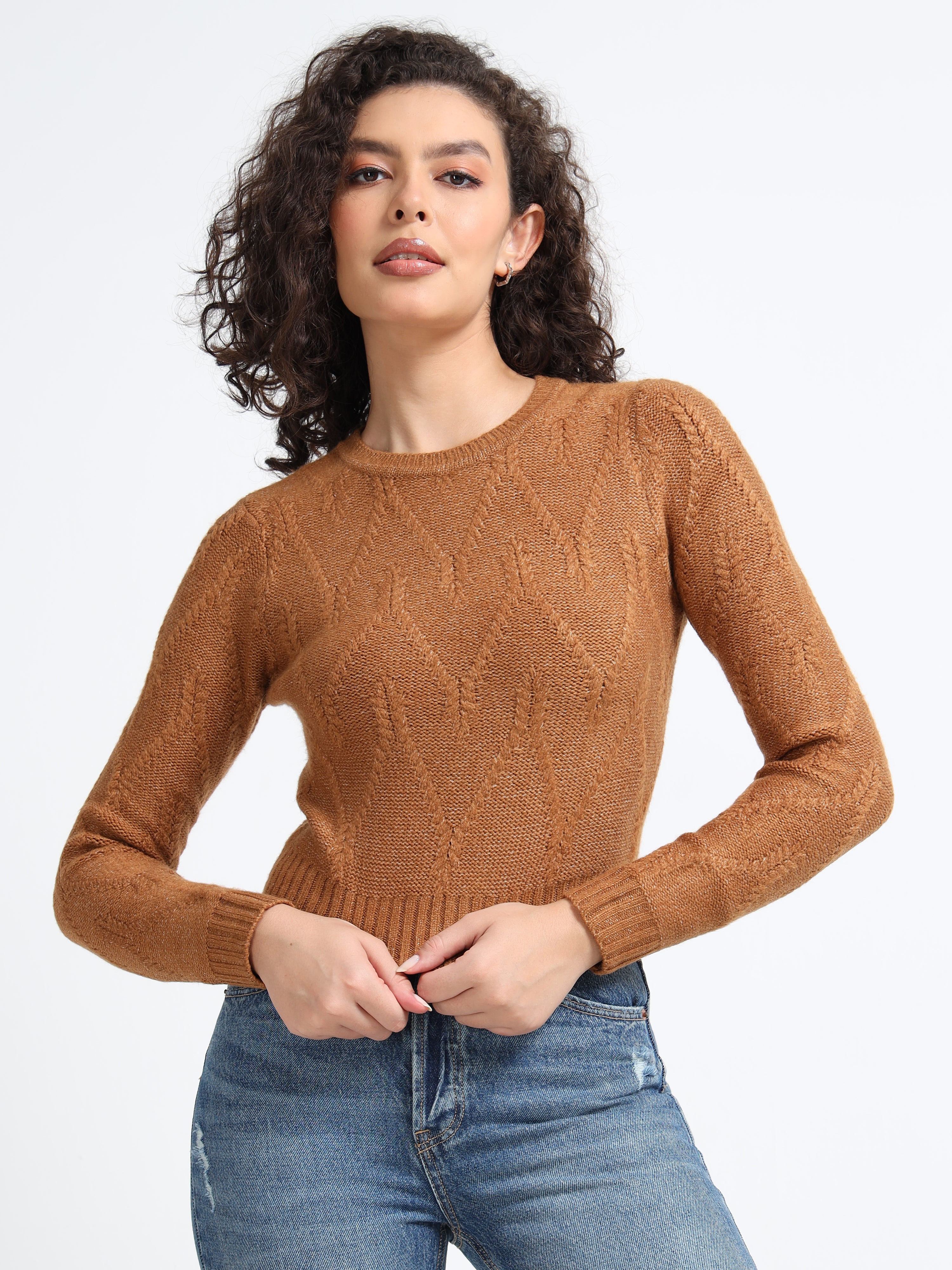 Women Brown Cable Knit Sweater