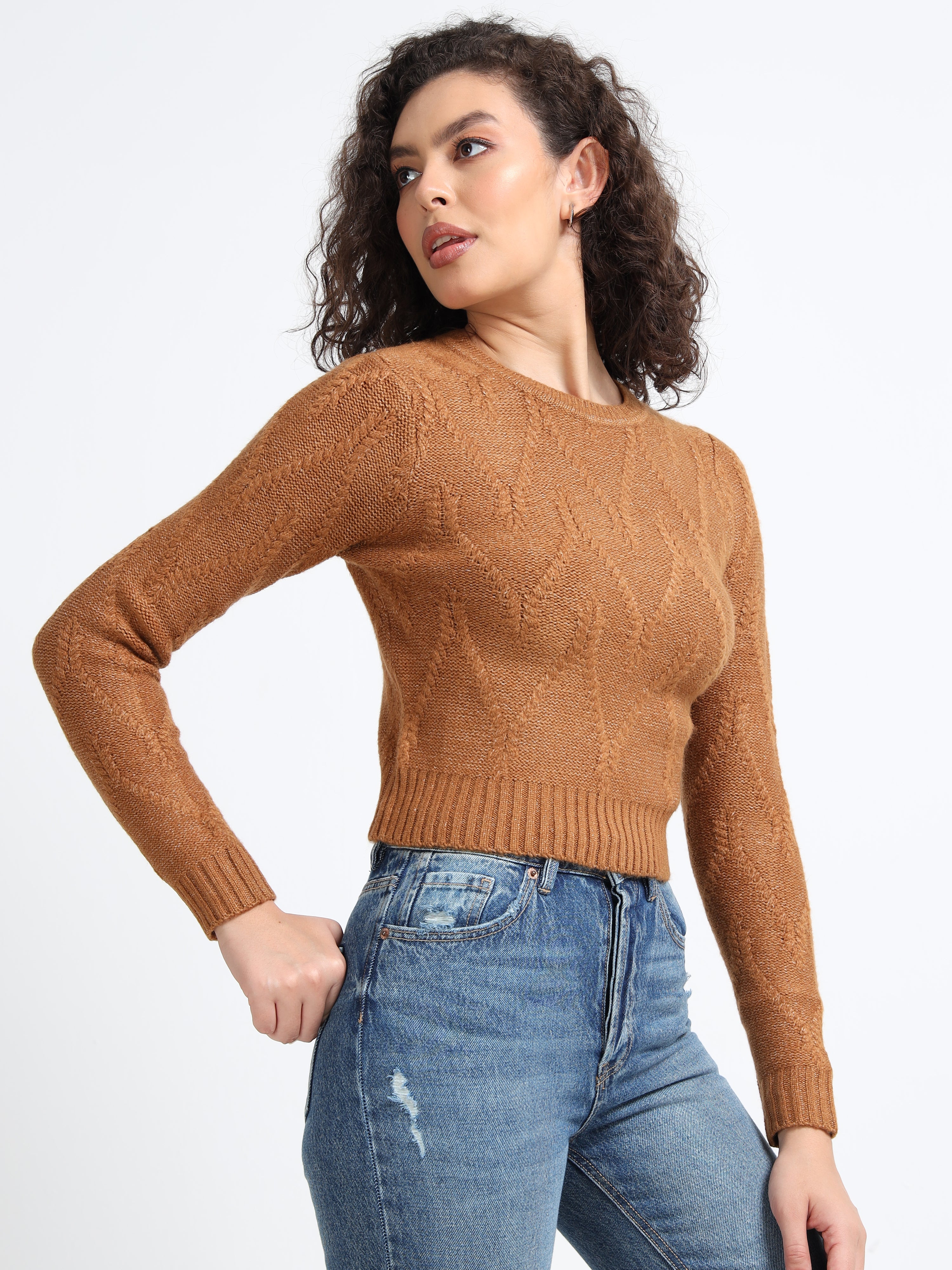 Women Brown Cable Knit Sweater