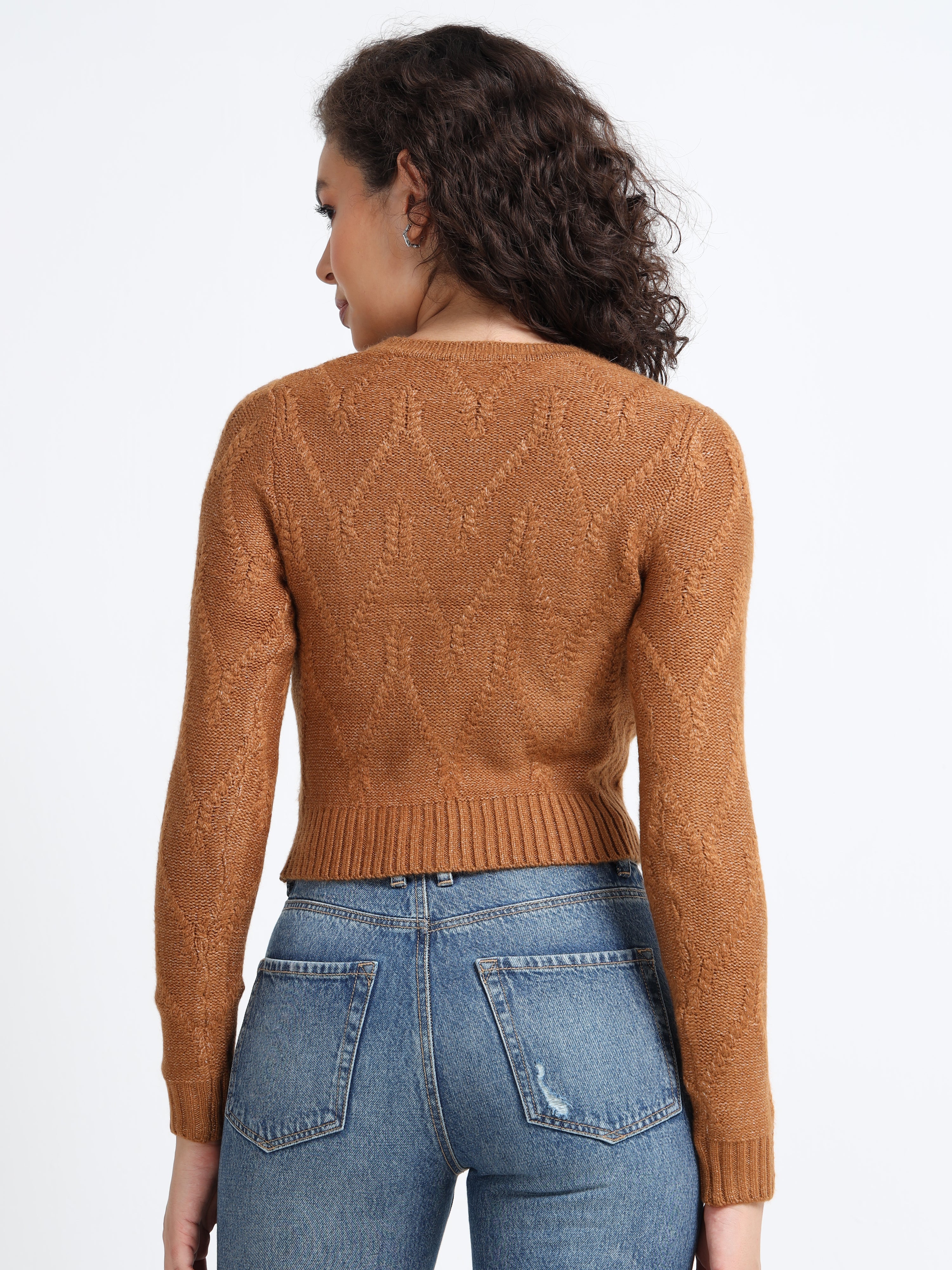 Women Brown Cable Knit Sweater