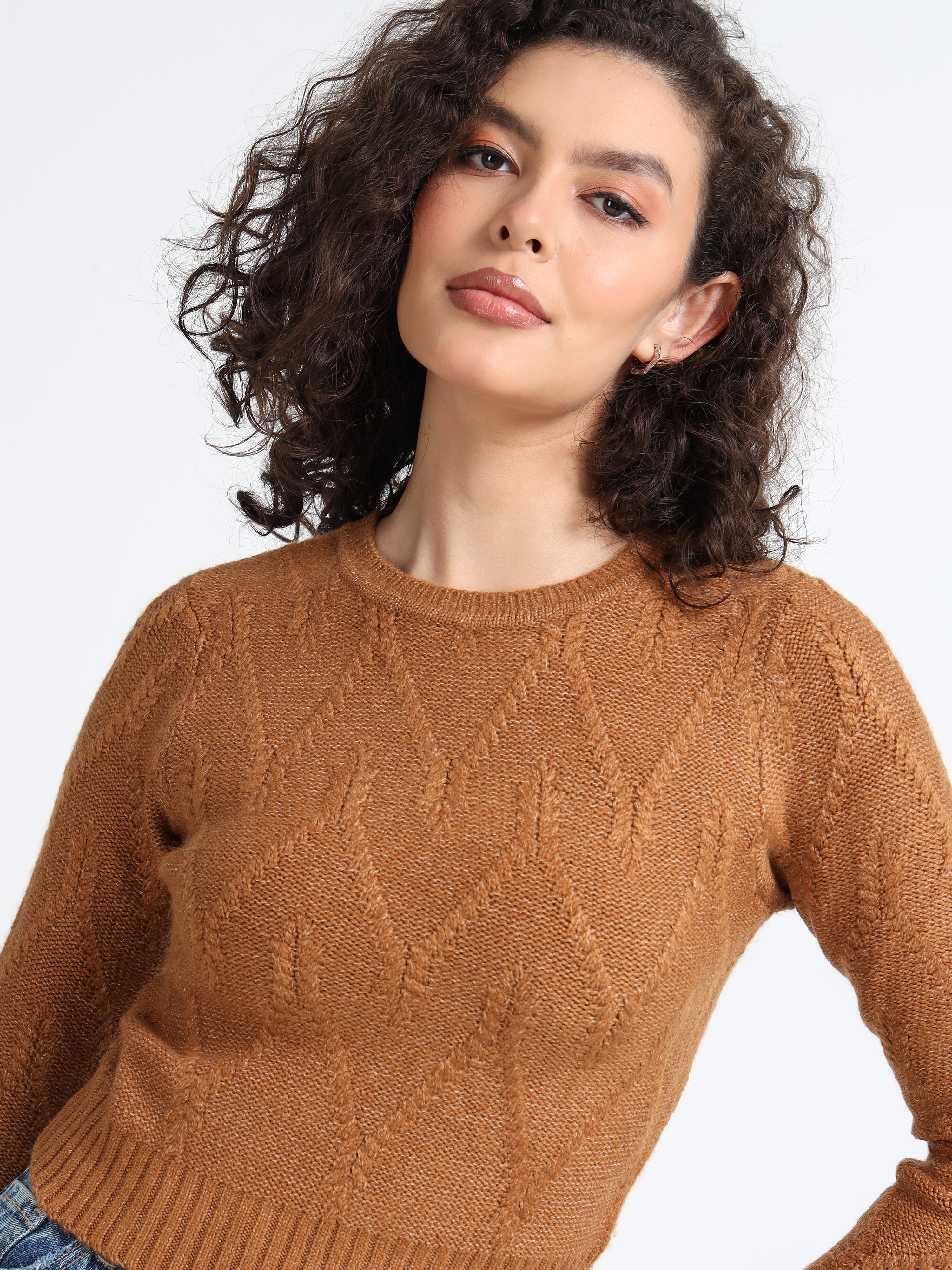 Women Brown Cable Knit Sweater