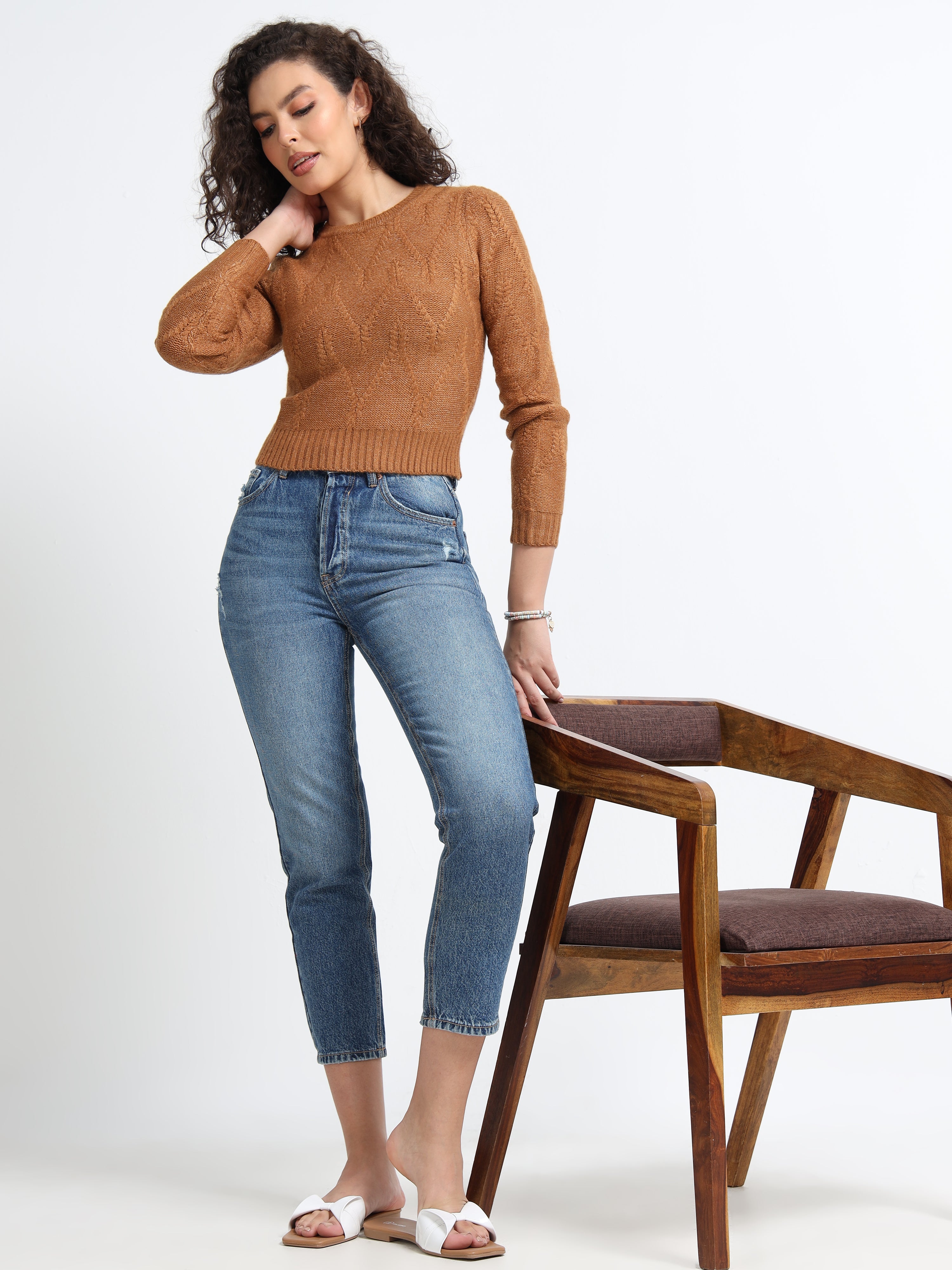 Women Brown Cable Knit Sweater