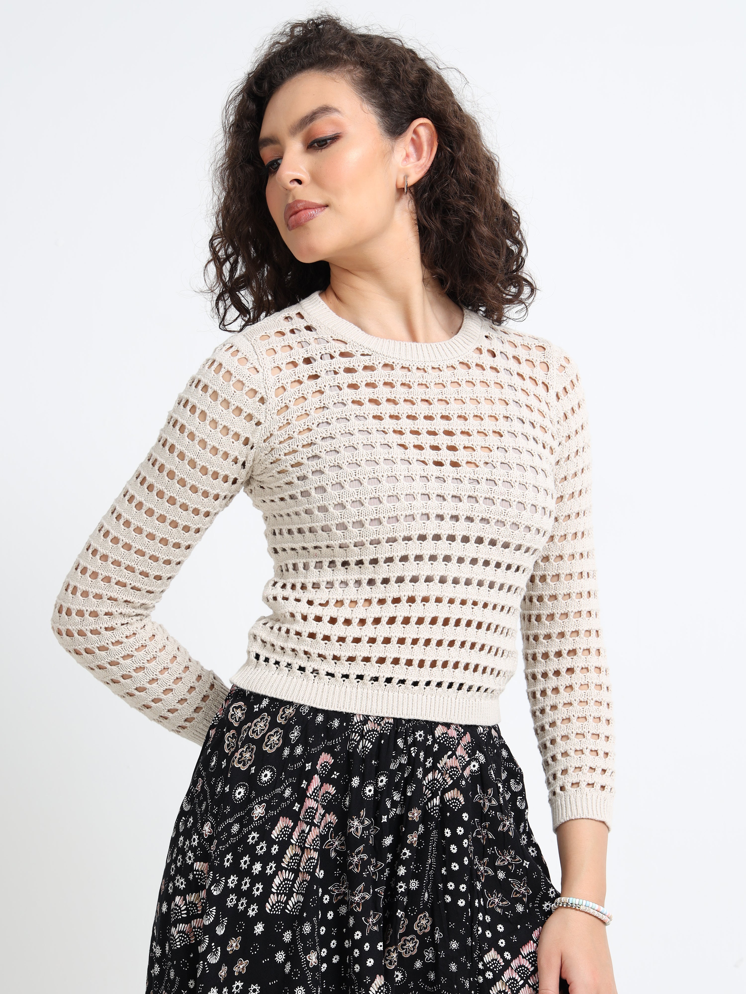 Women Beige Crochet Sweater
