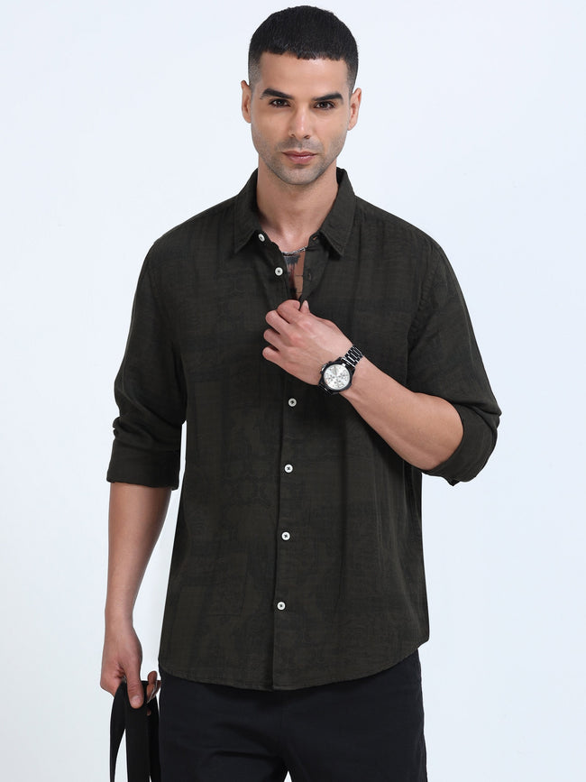 Men Olive Printed Overdyed Shirt