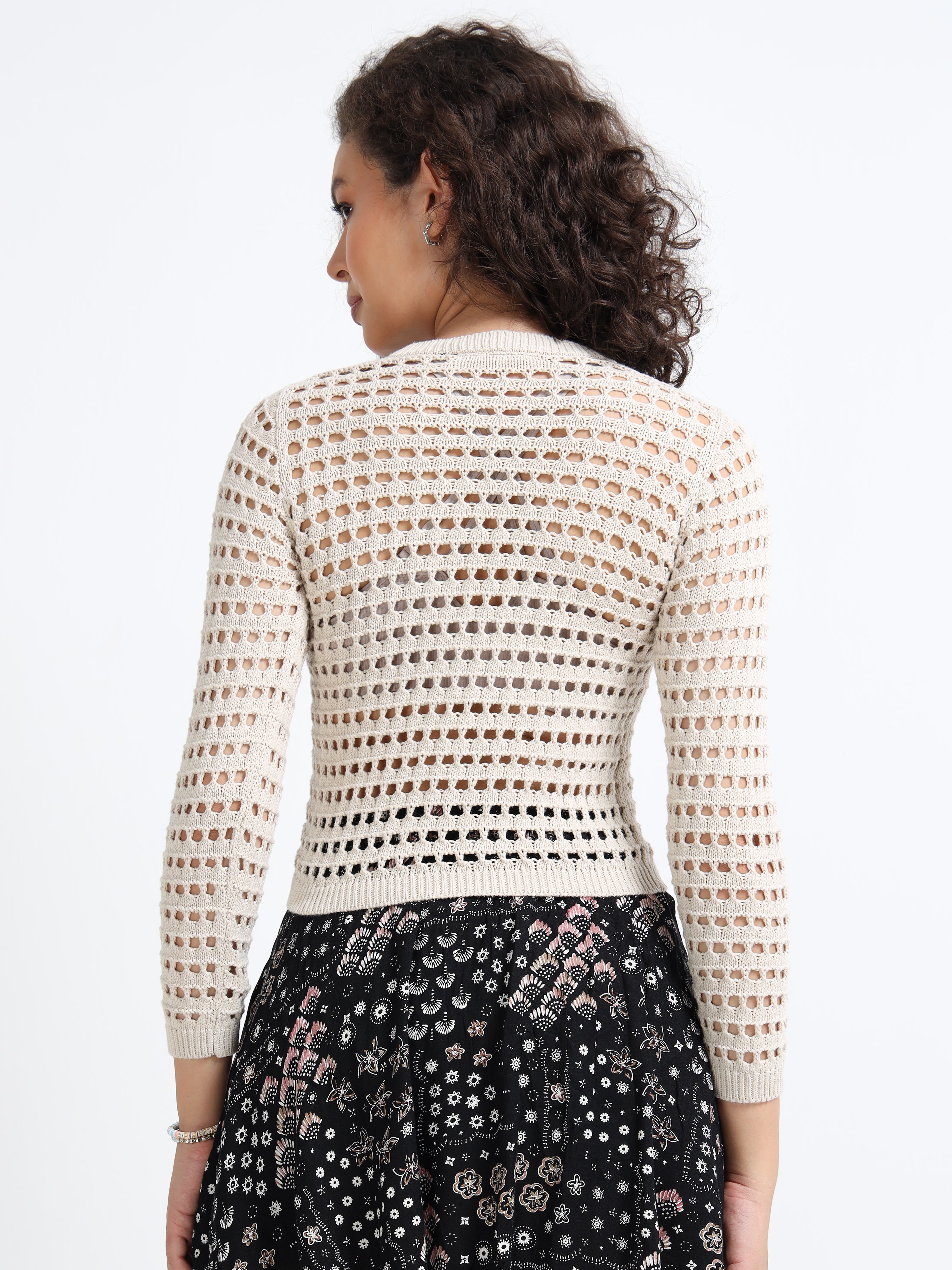 Women Beige Crochet Sweater