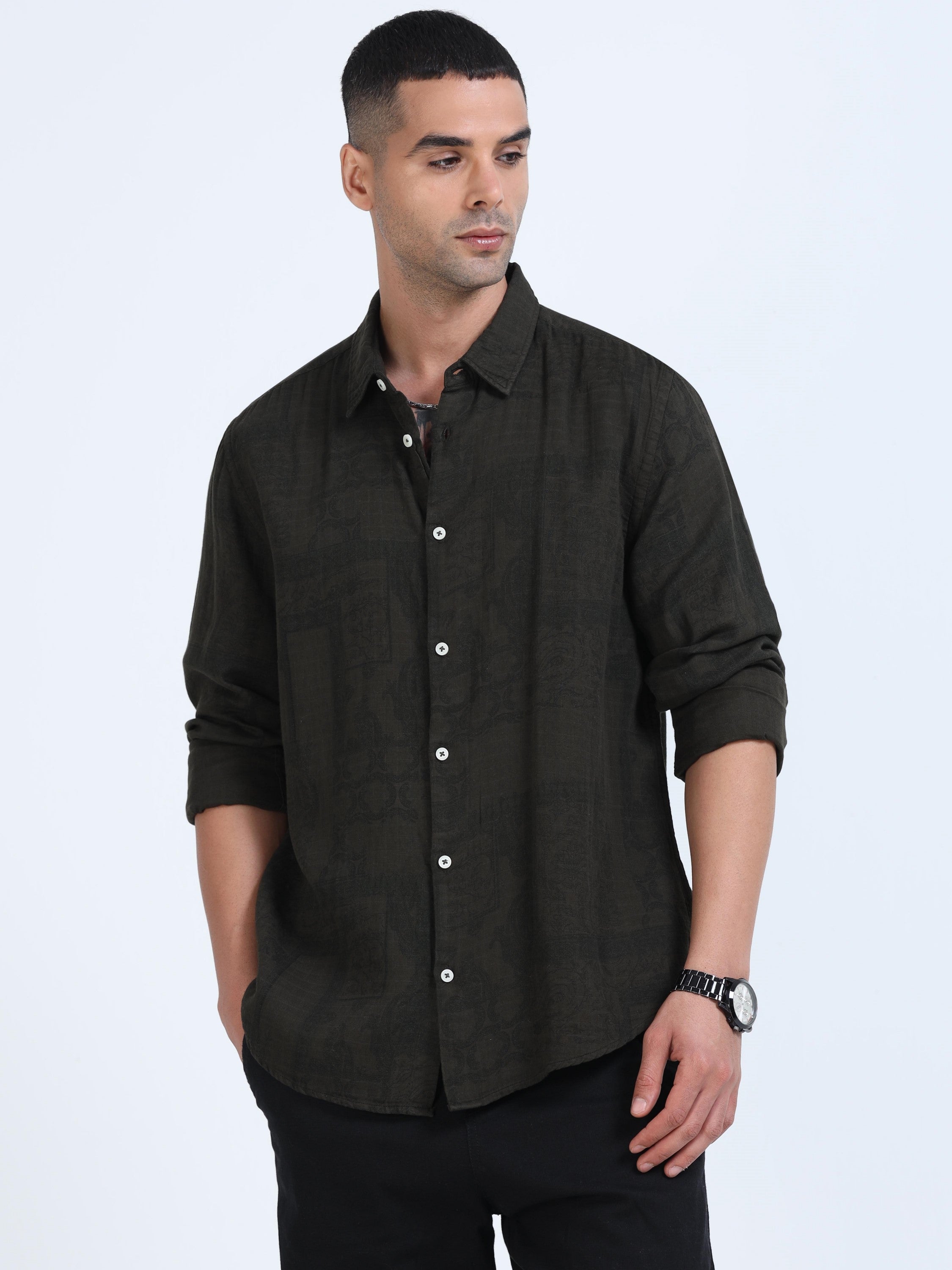 Men Olive Printed Overdyed Shirt