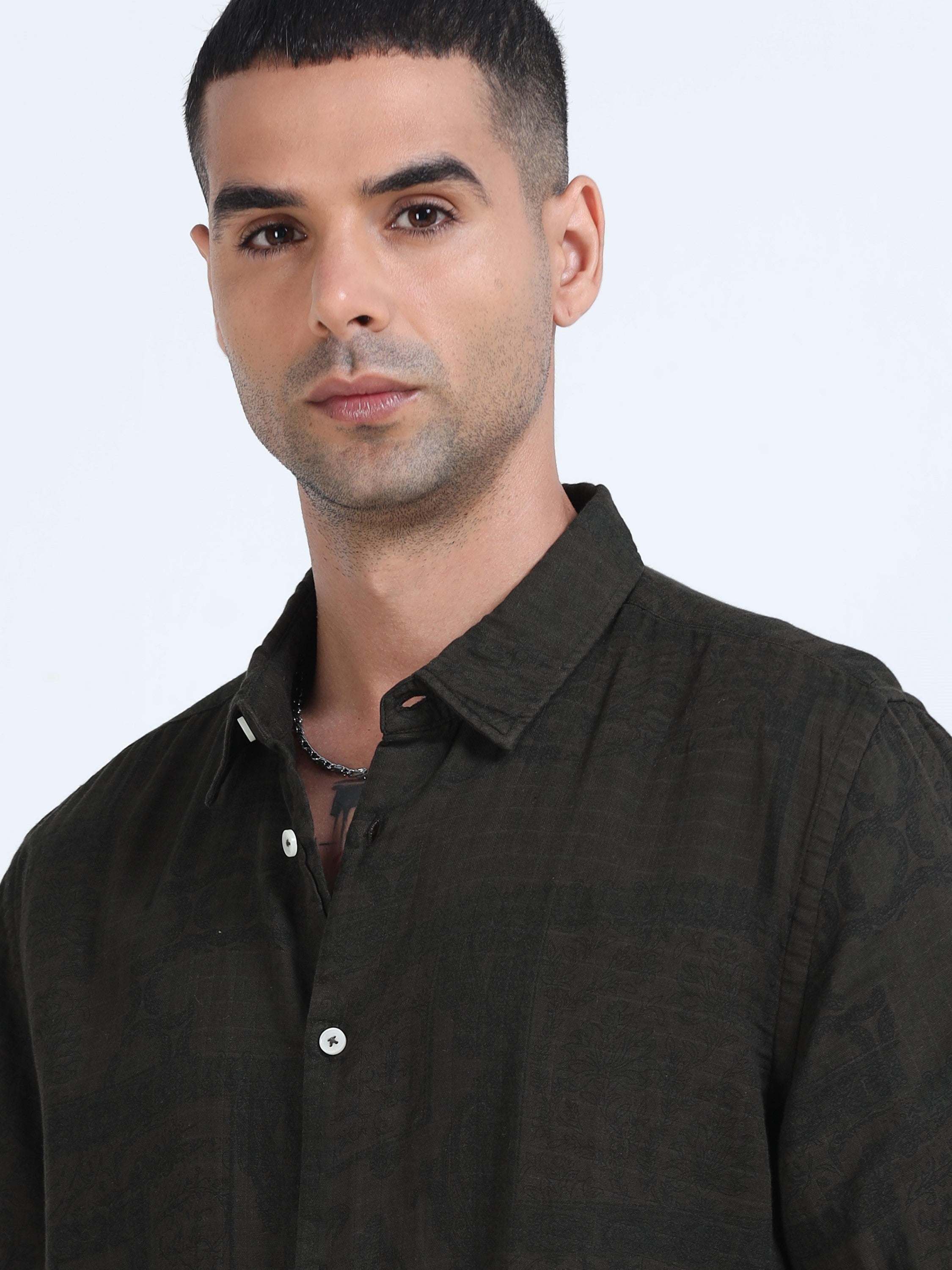 Men Olive Printed Overdyed Shirt