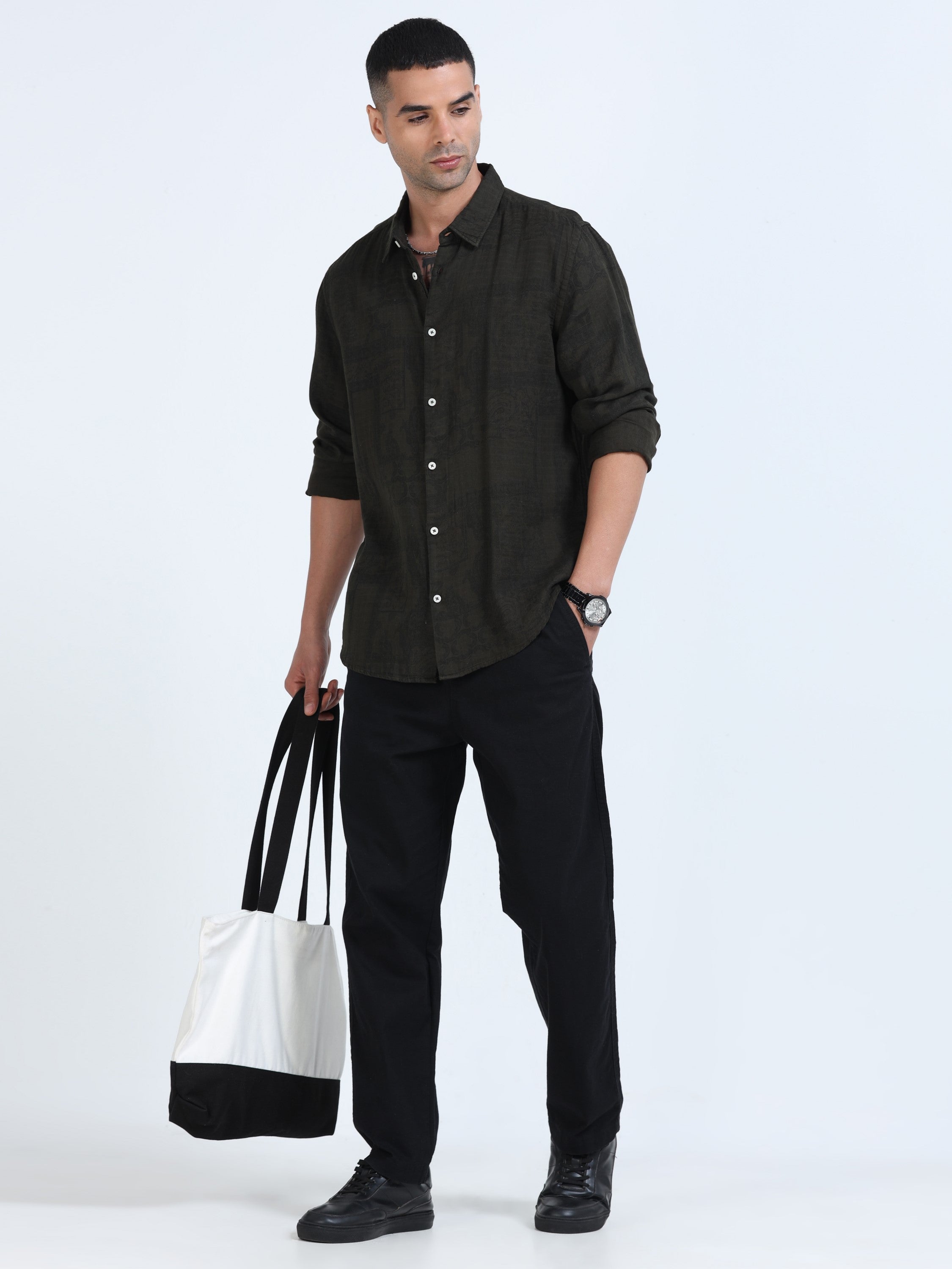 Men Olive Printed Overdyed Shirt