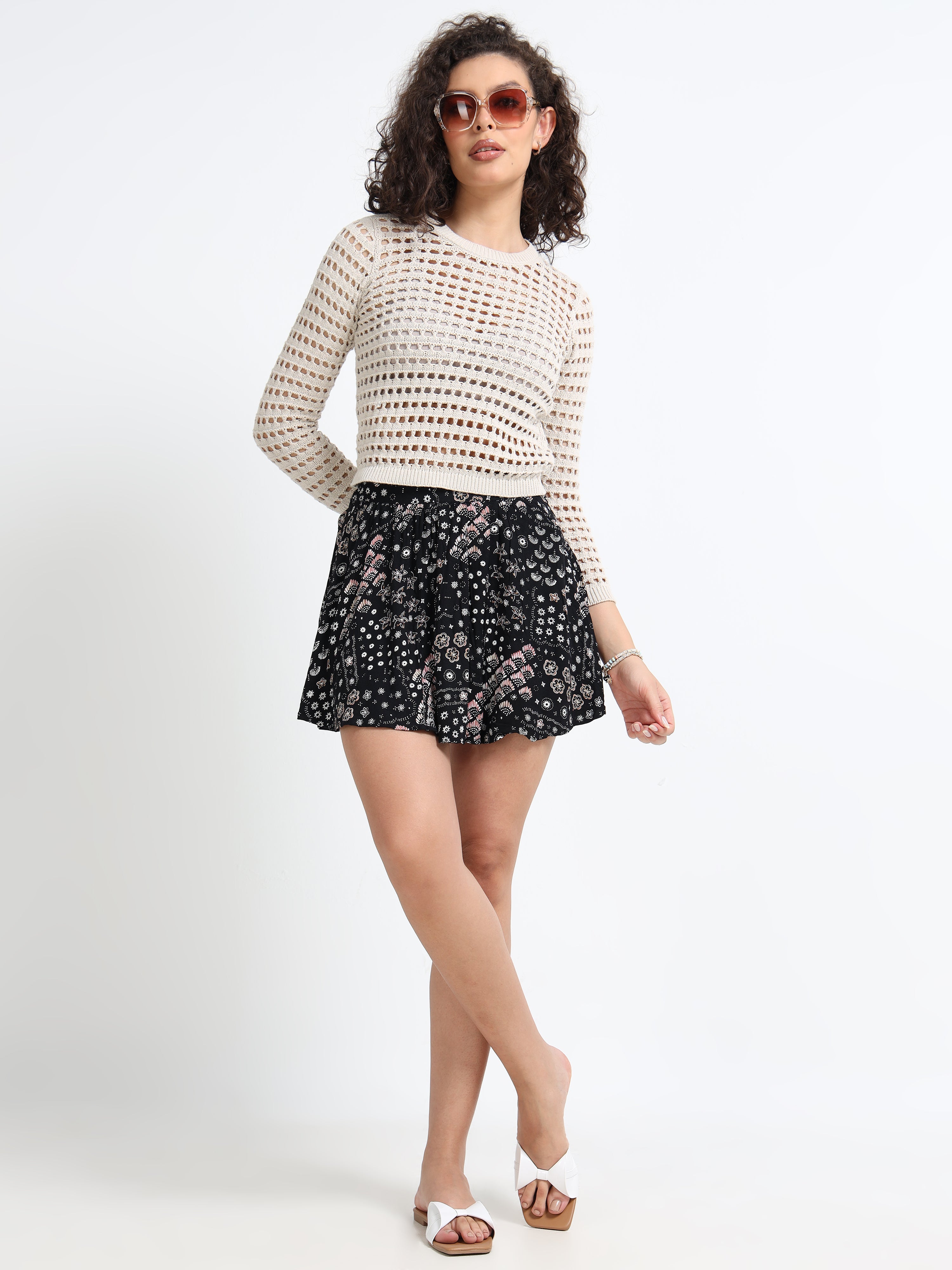 Women Beige Crochet Sweater