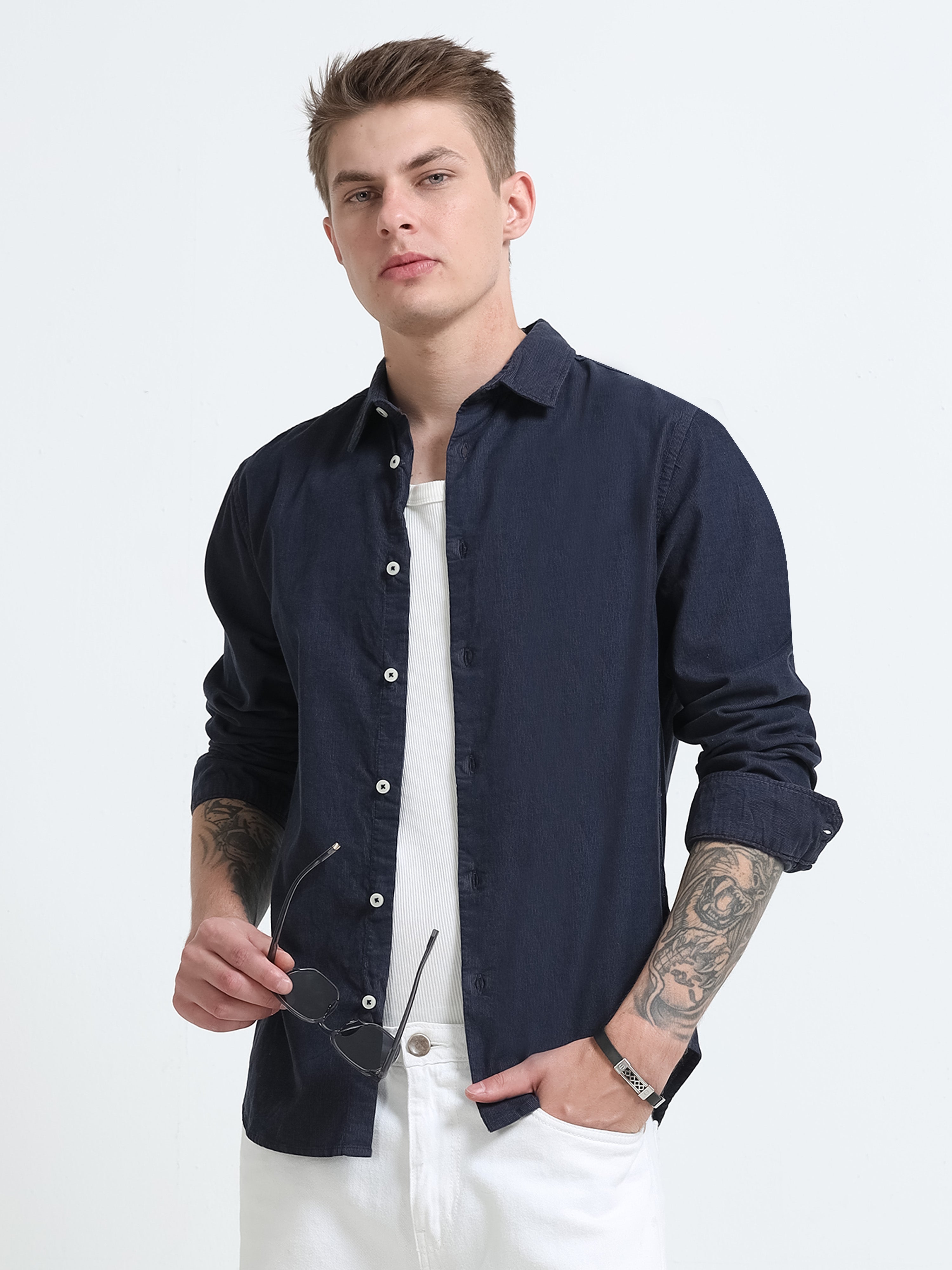 Men Navy Corduroy Shirt