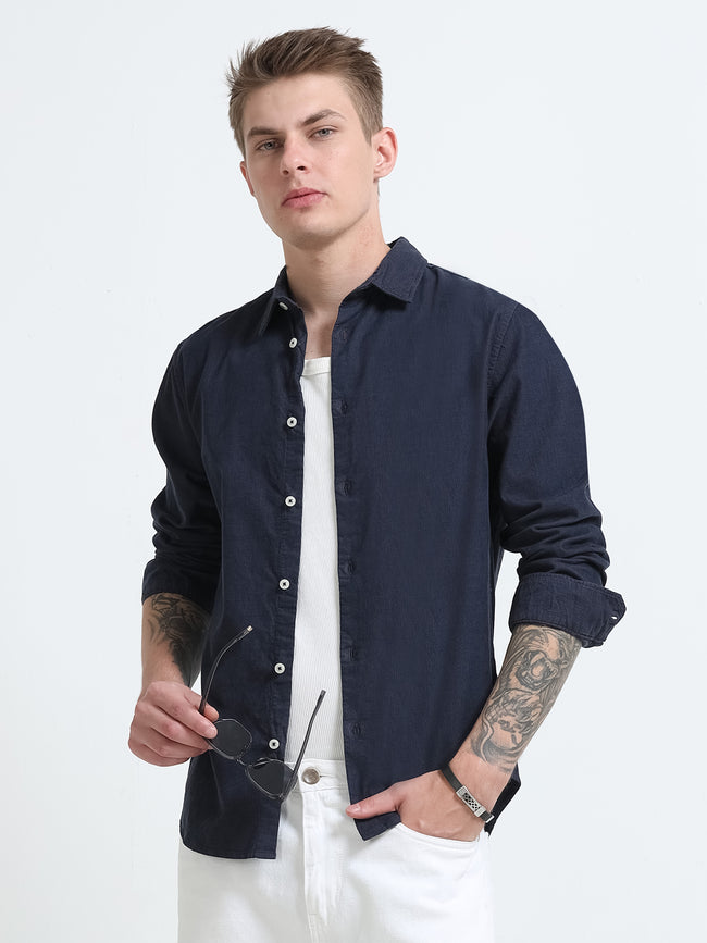 Men Navy Corduroy Shirt