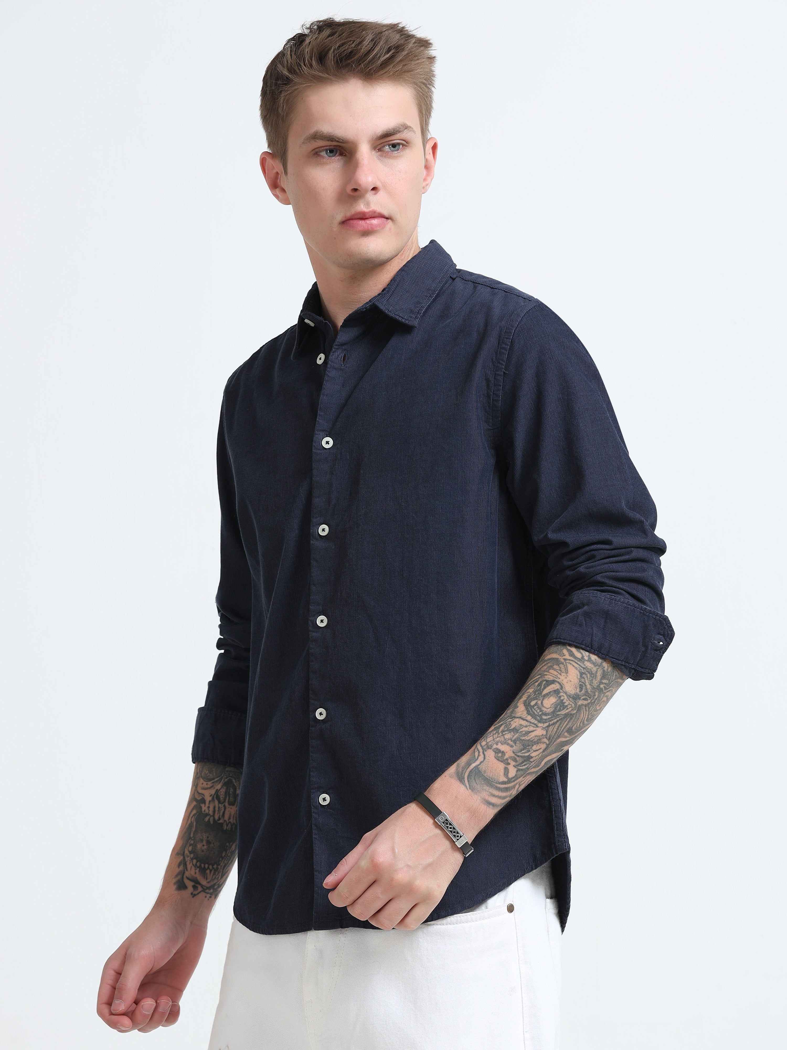 Men Navy Corduroy Shirt
